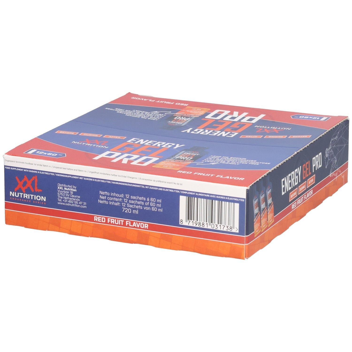 Boîte de Energy Gel Pro. Emballage bleu et rouge. Inscription : Energy Gel Pro, Red Fruit Flavor. 12x60. Arrière.