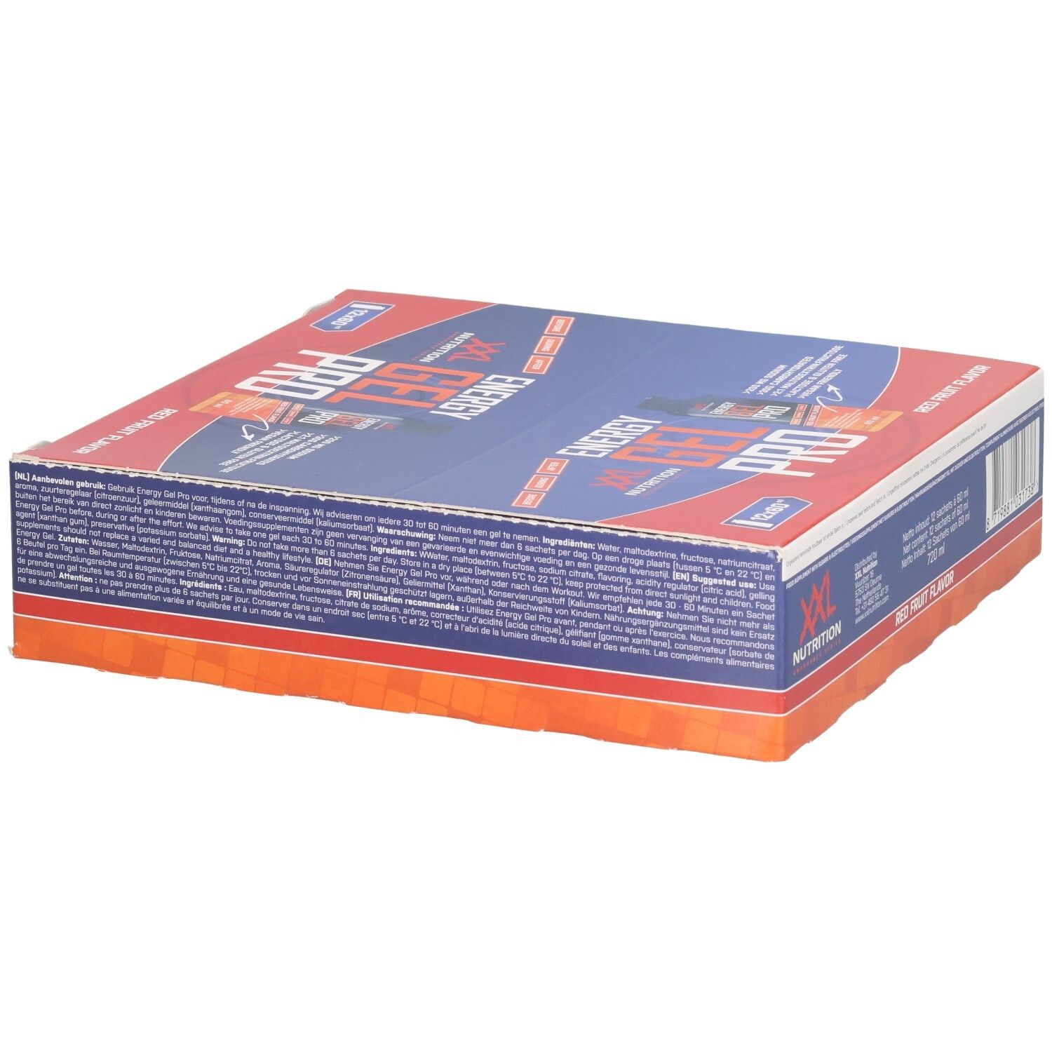 Boîte de Energy Gel Pro. Emballage bleu et rouge. Inscription : Energy Gel Pro, Red Fruit Flavor. Texte sur l'emballage.
