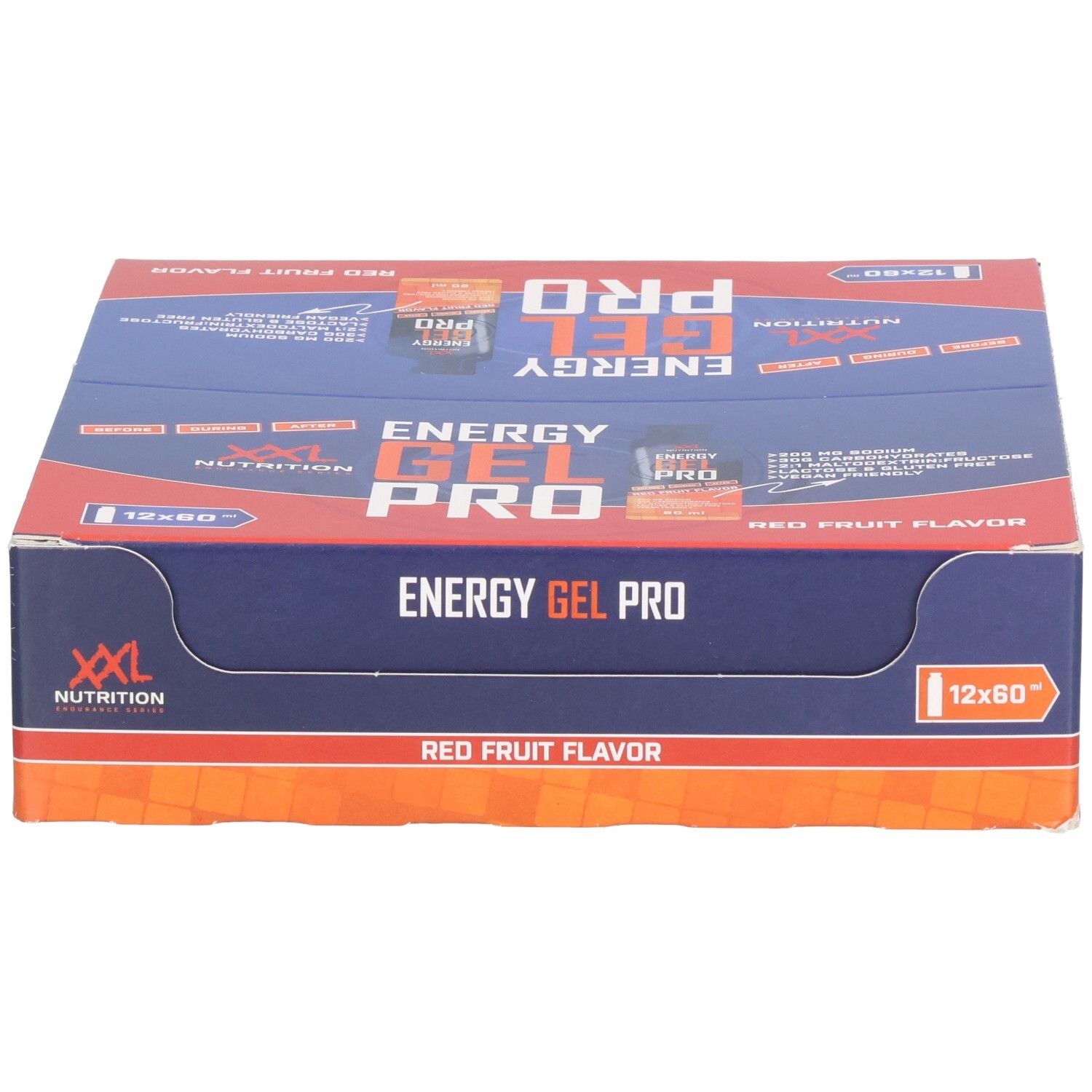 Boîte de Energy Gel Pro. Emballage bleu et rouge. Inscription : Energy Gel Pro, Red Fruit Flavor. 12x60.