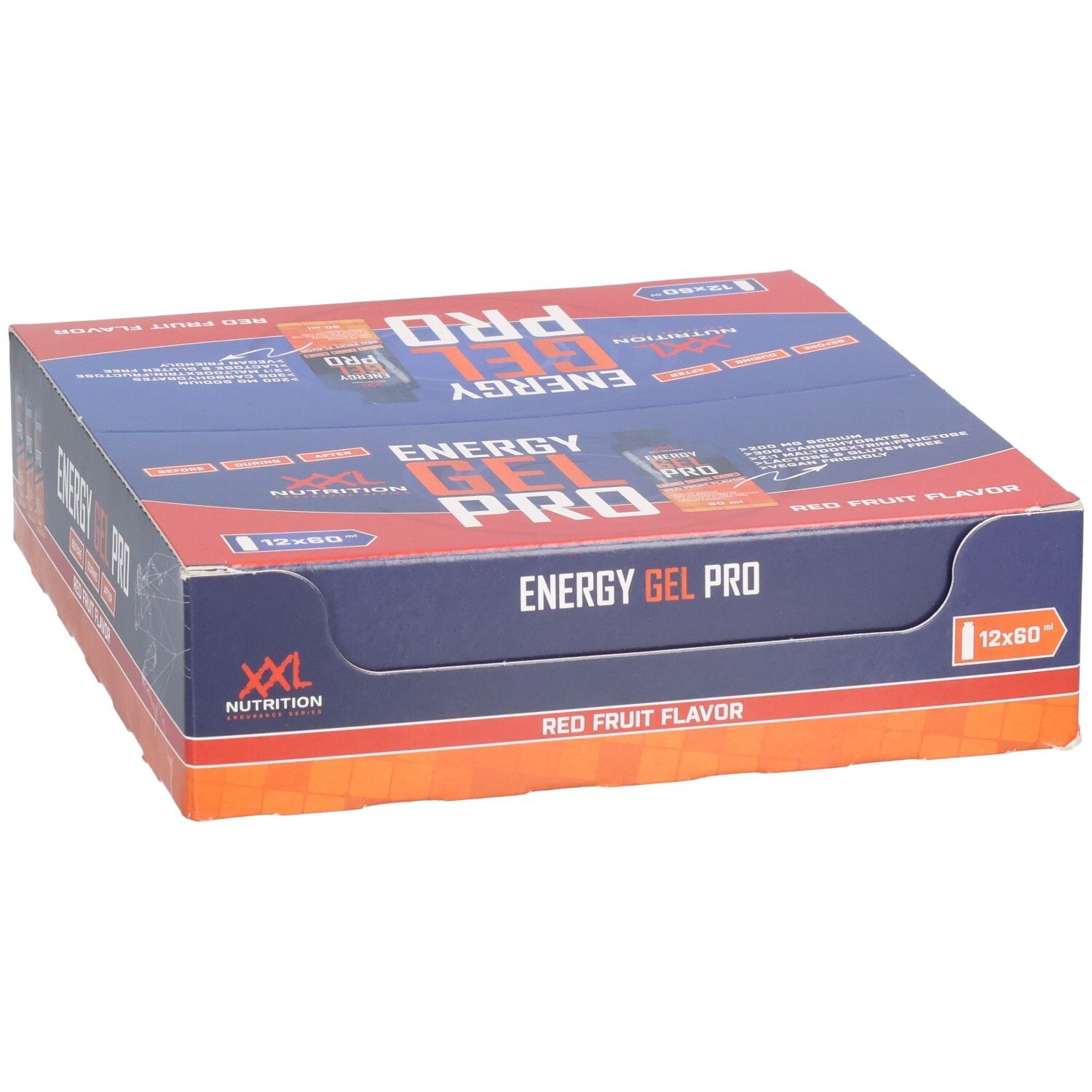 Boîte de Energy Gel Pro. Emballage bleu et rouge. Inscription : Energy Gel Pro, Red Fruit Flavor. 12x60.