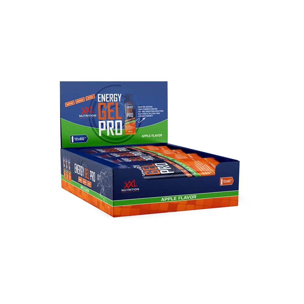 Boîte de Energy Gel Pro. Emballage bleu, vert et orange. Inscription: XXL Nutrition, Energy Gel Pro, Apple Flavor.