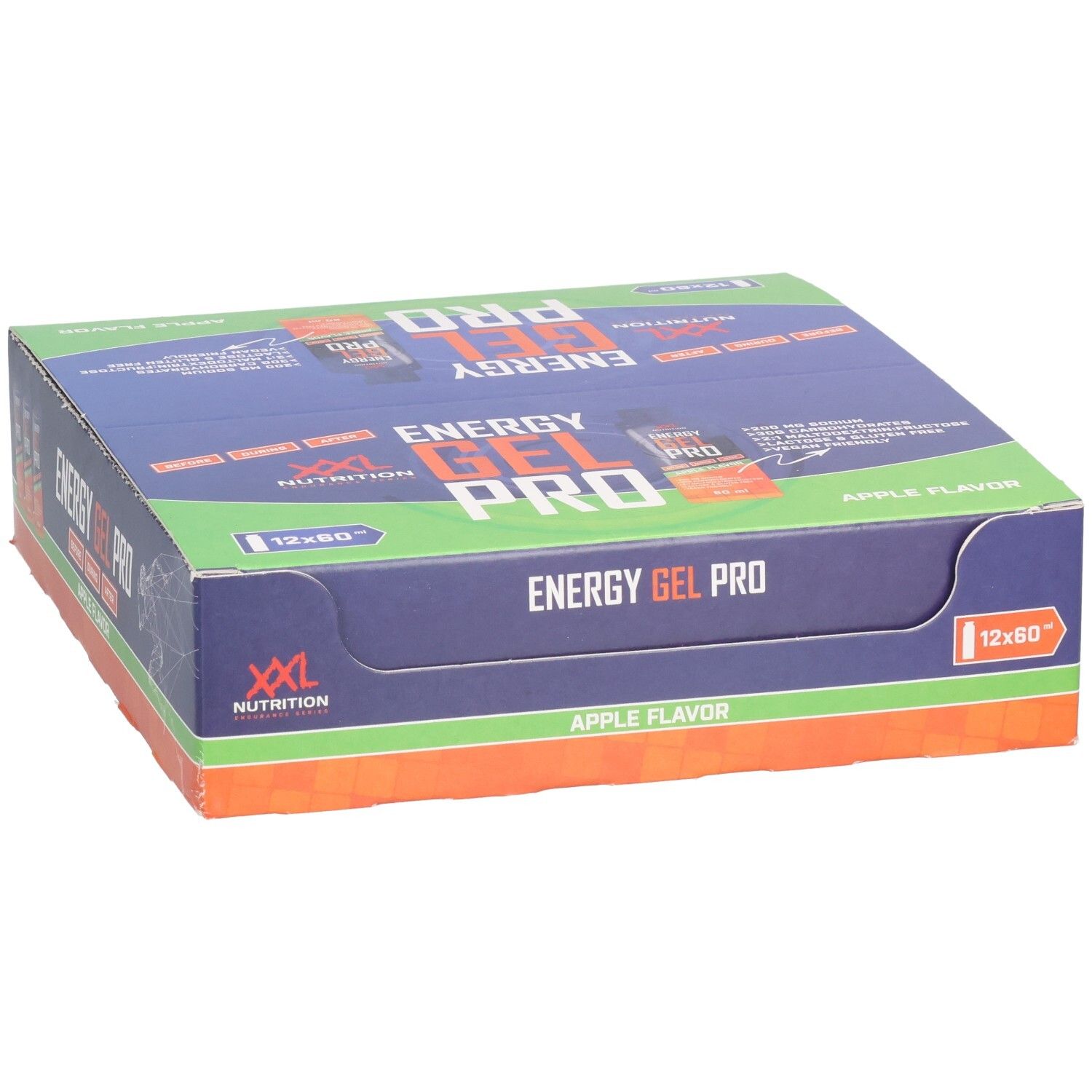 Boîte de Energy Gel Pro. Emballage bleu, vert et orange. Inscription: XXL Nutrition, Energy Gel Pro, Apple Flavor.
