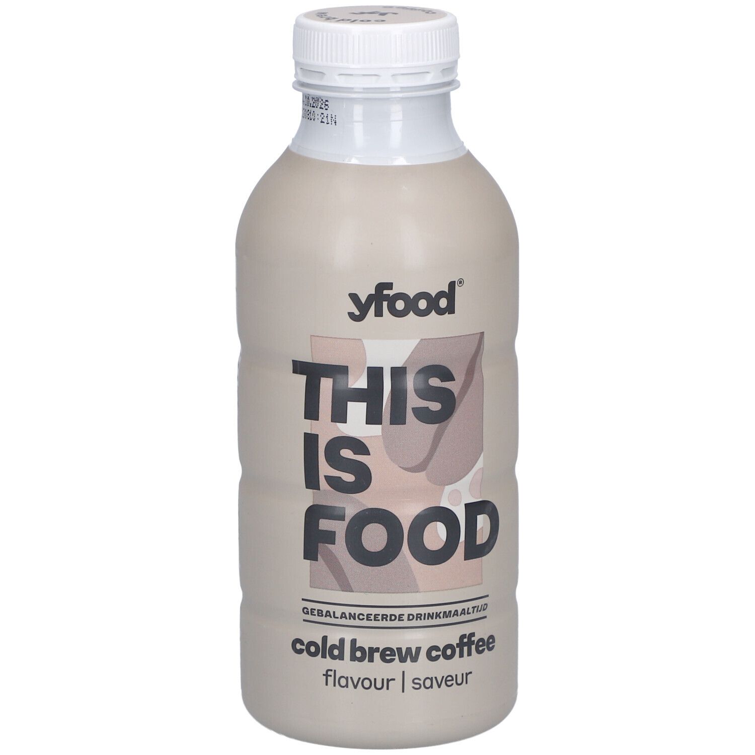Beige fles met witte dop. Opschrift: yfood, THIS IS FOOD, Cold Brew Coffee. Flavour/Saveur.