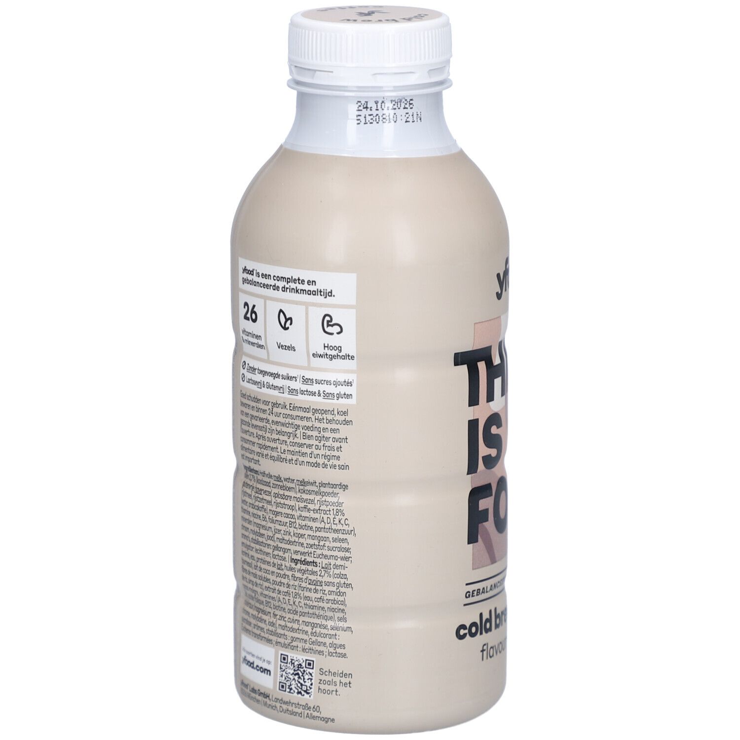 Achterkant van de fles. Tekst met voedingswaarde en ingrediënten. Opschrift: yfood, Cold Brew Coffee.