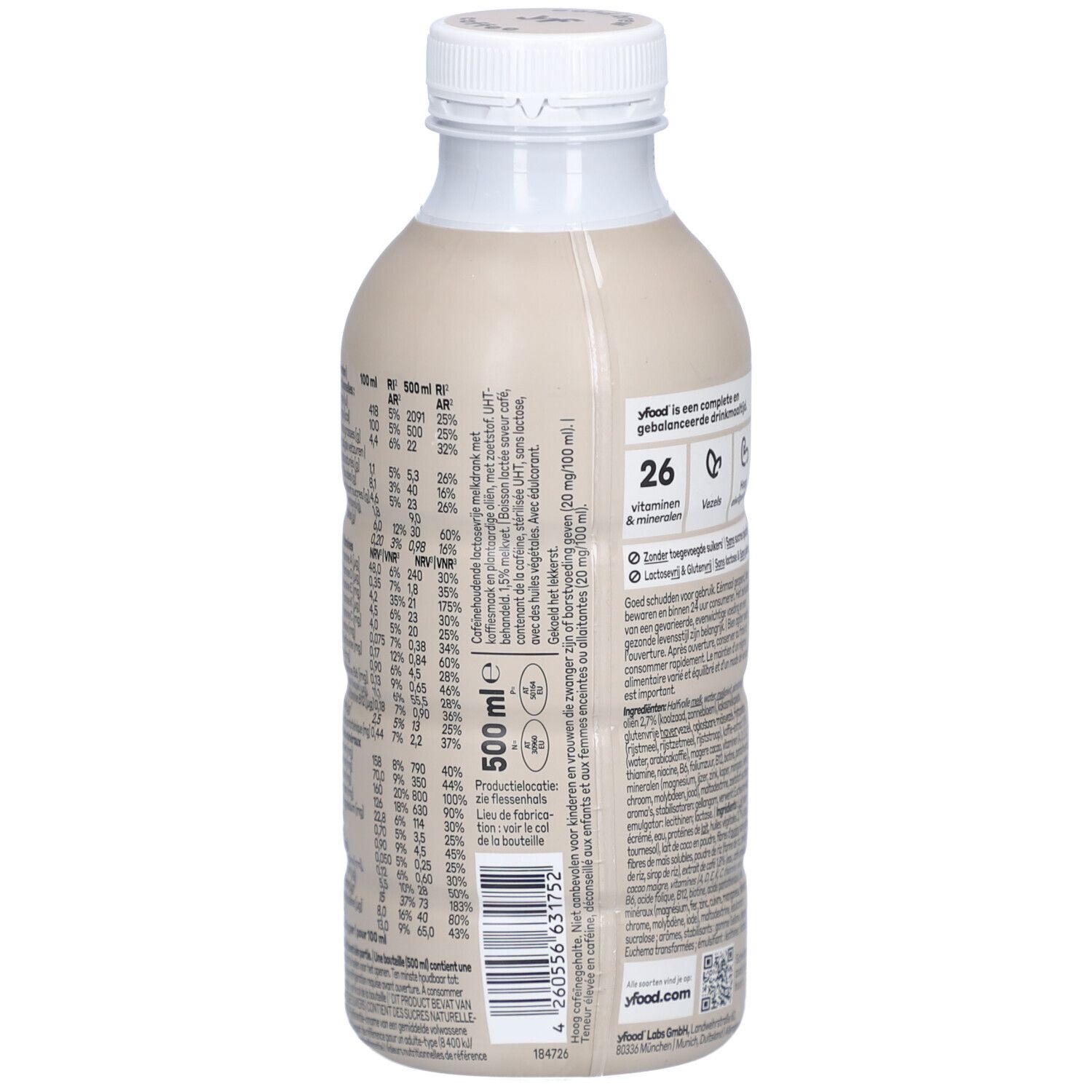 Achterkant van de fles. Tekst met voedingswaarde en ingrediënten. Opschrift: 500 ml, yfood.