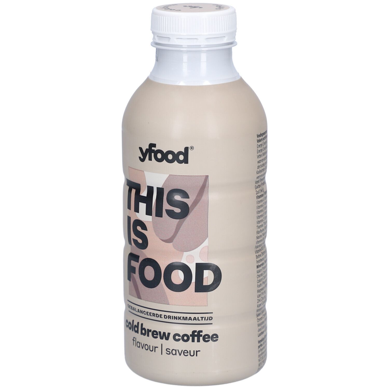 Beige fles met witte dop. Opschrift: yfood, THIS IS FOOD, Cold Brew Coffee. Flavour/Saveur.