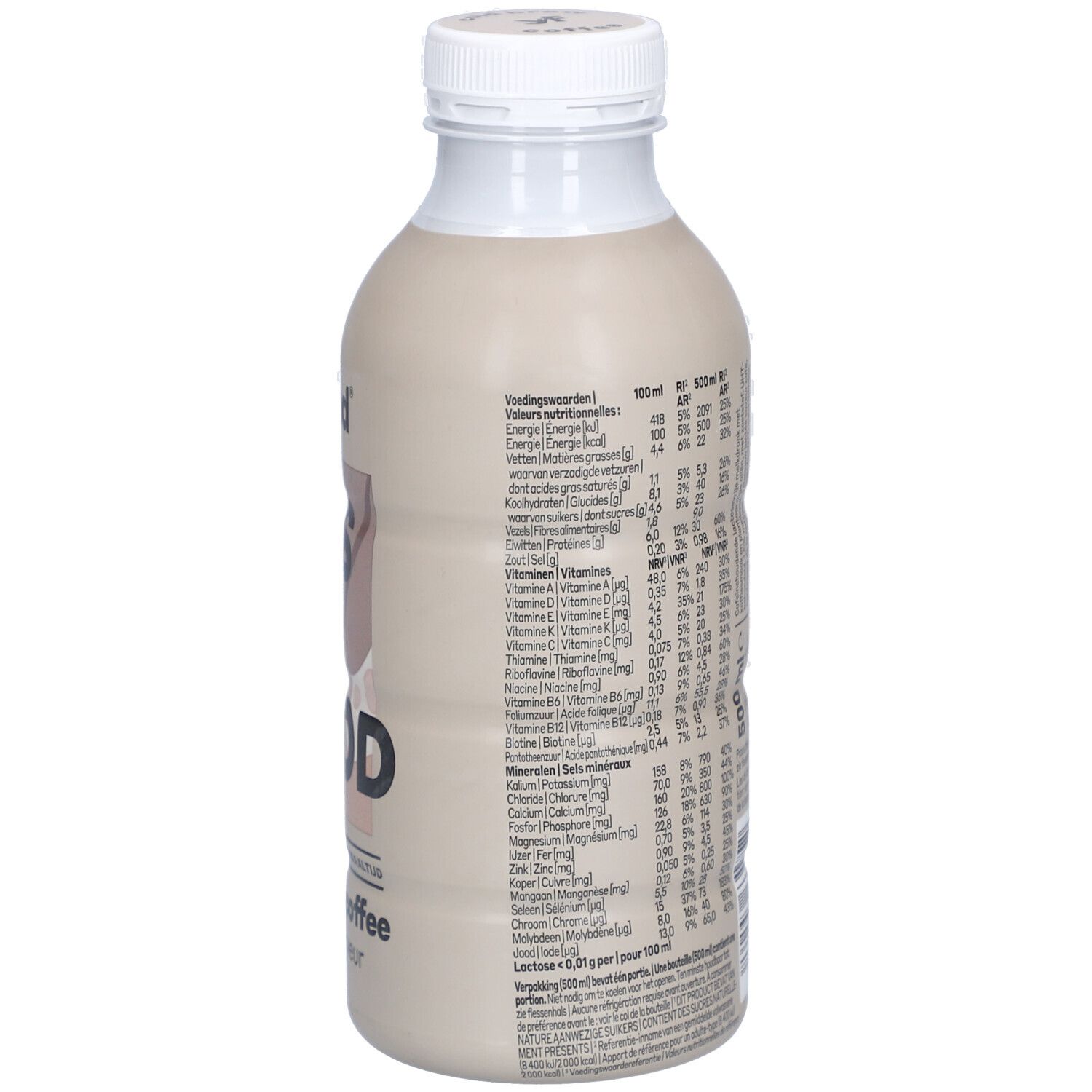 Achterkant van de fles. Tekst met voedingswaarde en ingrediënten. Opschrift: yfood, Cold Brew Coffee.