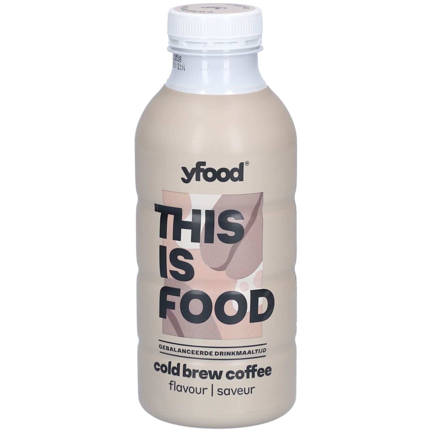 Beige fles met witte dop. Opschrift: yfood, THIS IS FOOD, Cold Brew Coffee. Flavour/Saveur.