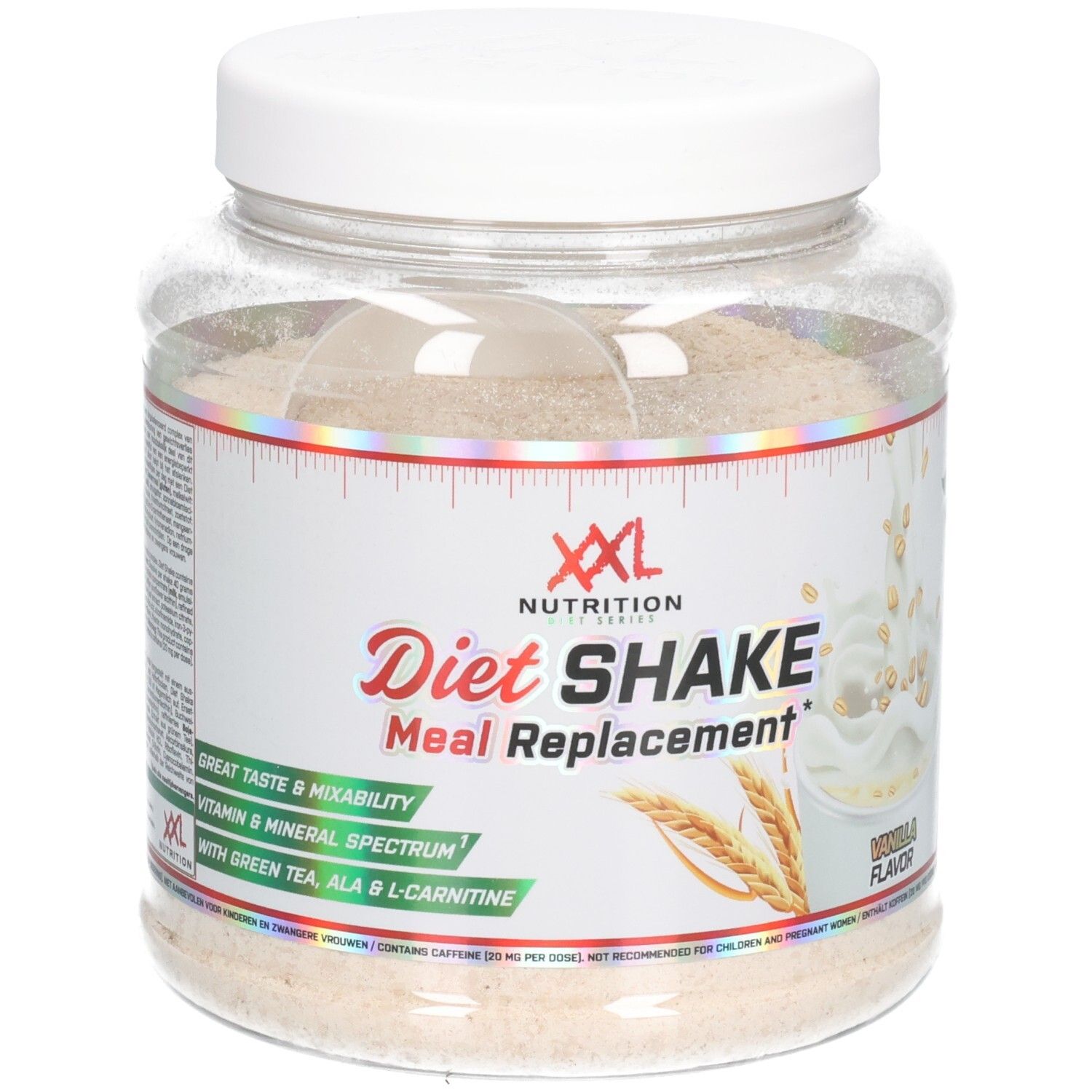 Transparante pot met witte deksel. Etiket met productinformatie: Diet Shake, Meal Replacement, XXL Nutrition. Inhoud: poeder.