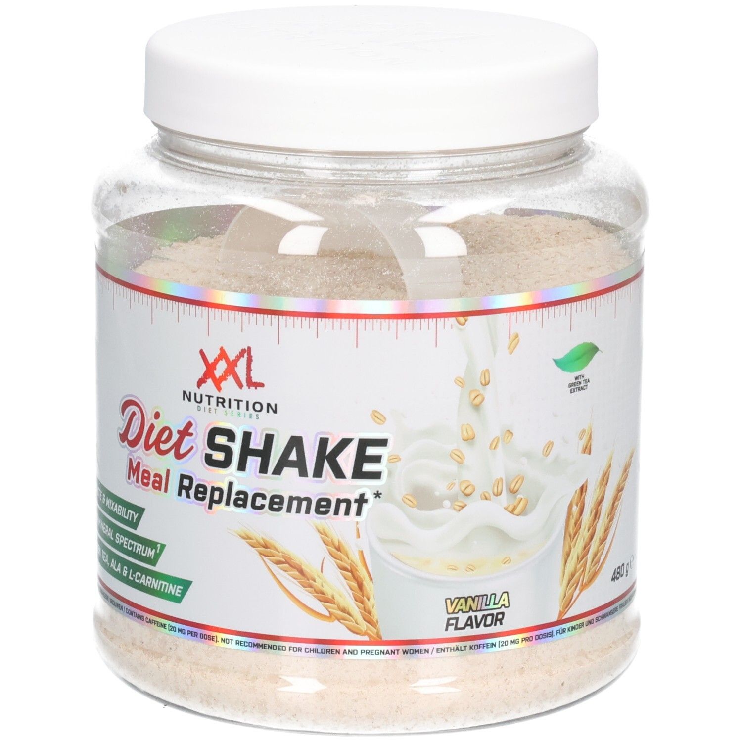 Transparante pot met witte deksel. Etiket met productinformatie: Diet Shake, Meal Replacement, XXL Nutrition. Inhoud: poeder.