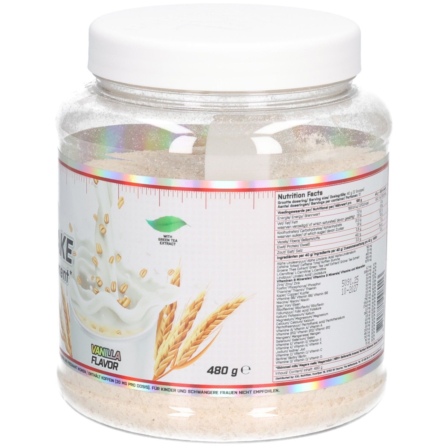 Transparante pot met witte deksel. Etiket met productinformatie: Diet Shake, Meal Replacement, XXL Nutrition. Inhoud: poeder.