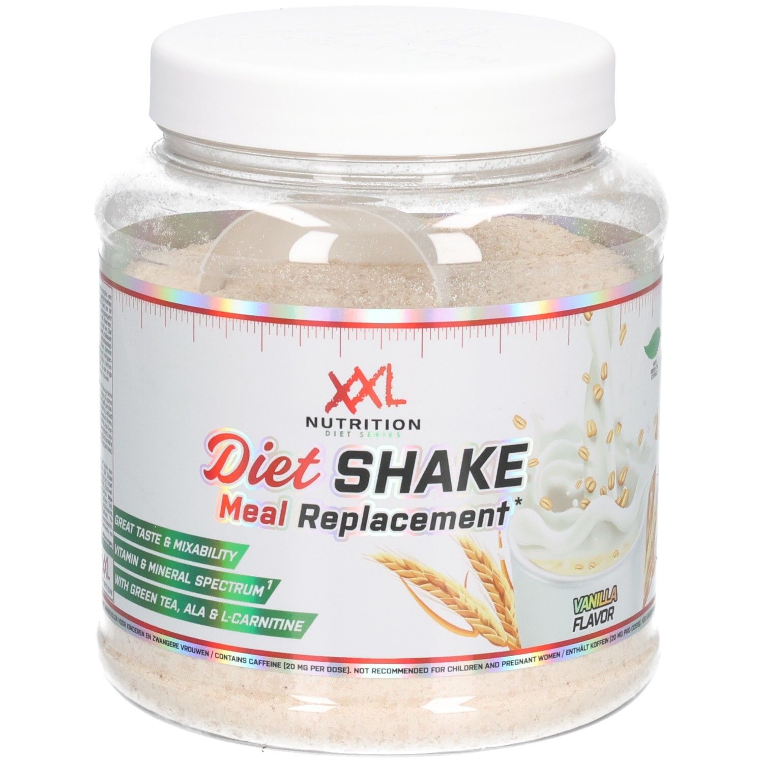 Transparante pot met witte deksel. Etiket met productinformatie: Diet Shake, Meal Replacement, XXL Nutrition. Inhoud: poeder.