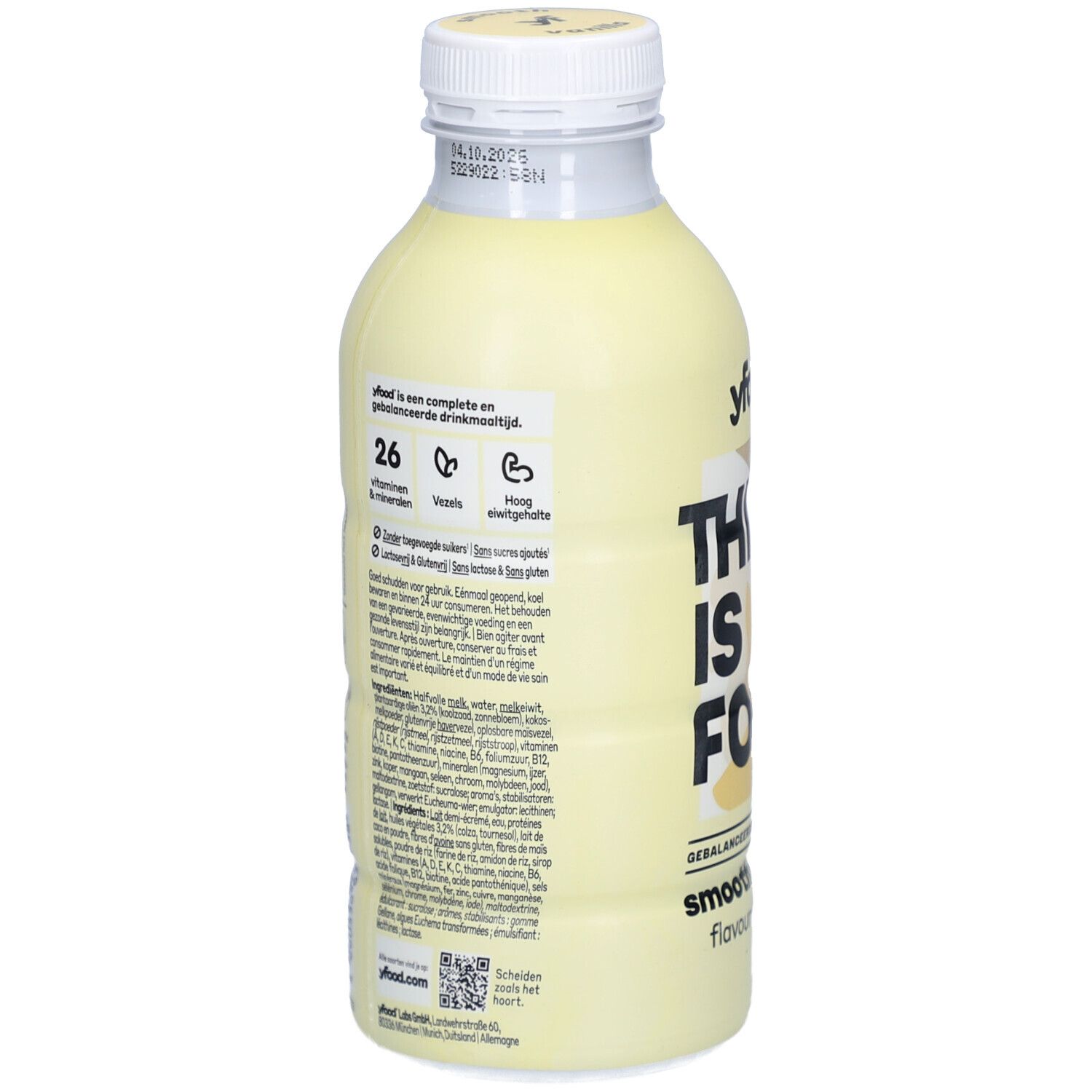 Bouteille YFOOD Smooth Vanille. Dos avec texte. Contient informations nutritionnelles et liste des ingrédients. Bouchon blanc.