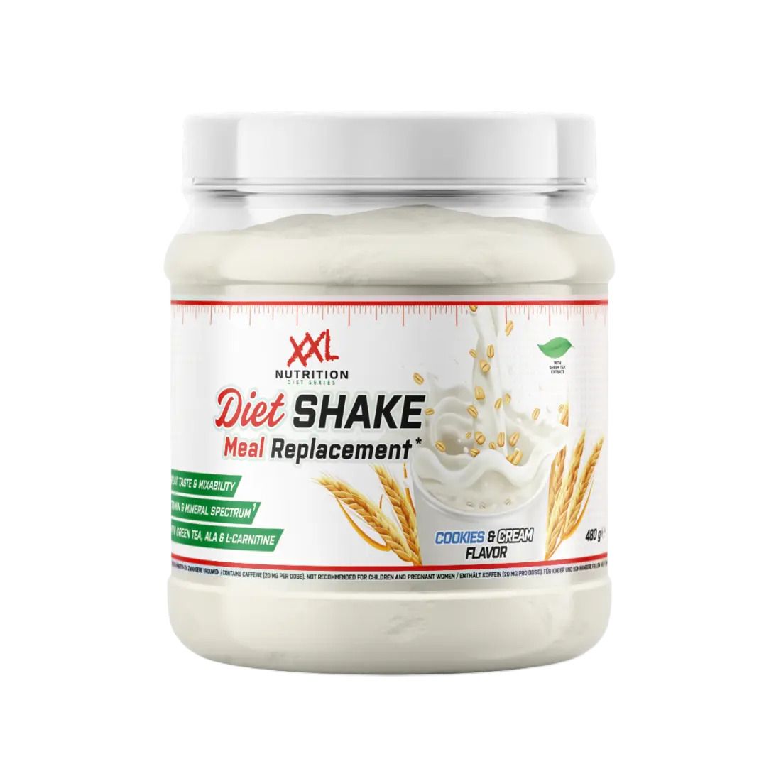 Récipient blanc avec couvercle blanc. Inscription : XXL Nutrition, Diet Shake Meal Replacement, Cookies & Cream Flavor, 480g.