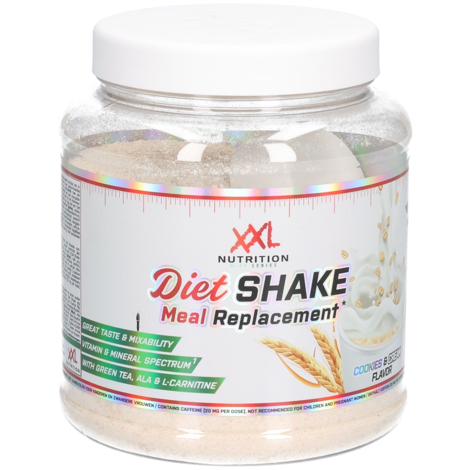Transparante pot met witte deksel. Opschrift: XXL Nutrition, Diet Shake Meal Replacement, Cookies & Cream Flavor.