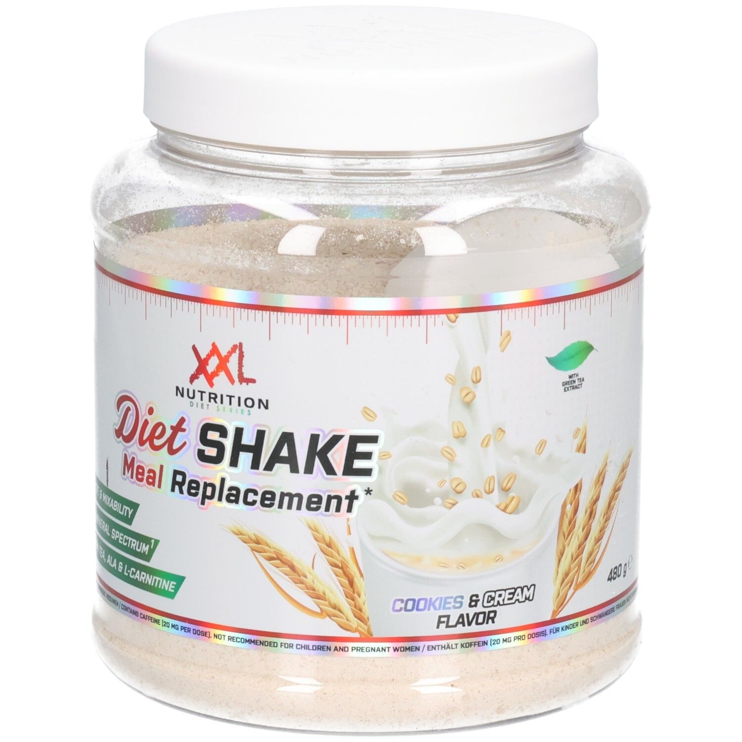 Transparante pot met witte deksel. Opschrift: XXL Nutrition, Diet Shake Meal Replacement, Cookies & Cream Flavor, 480g.