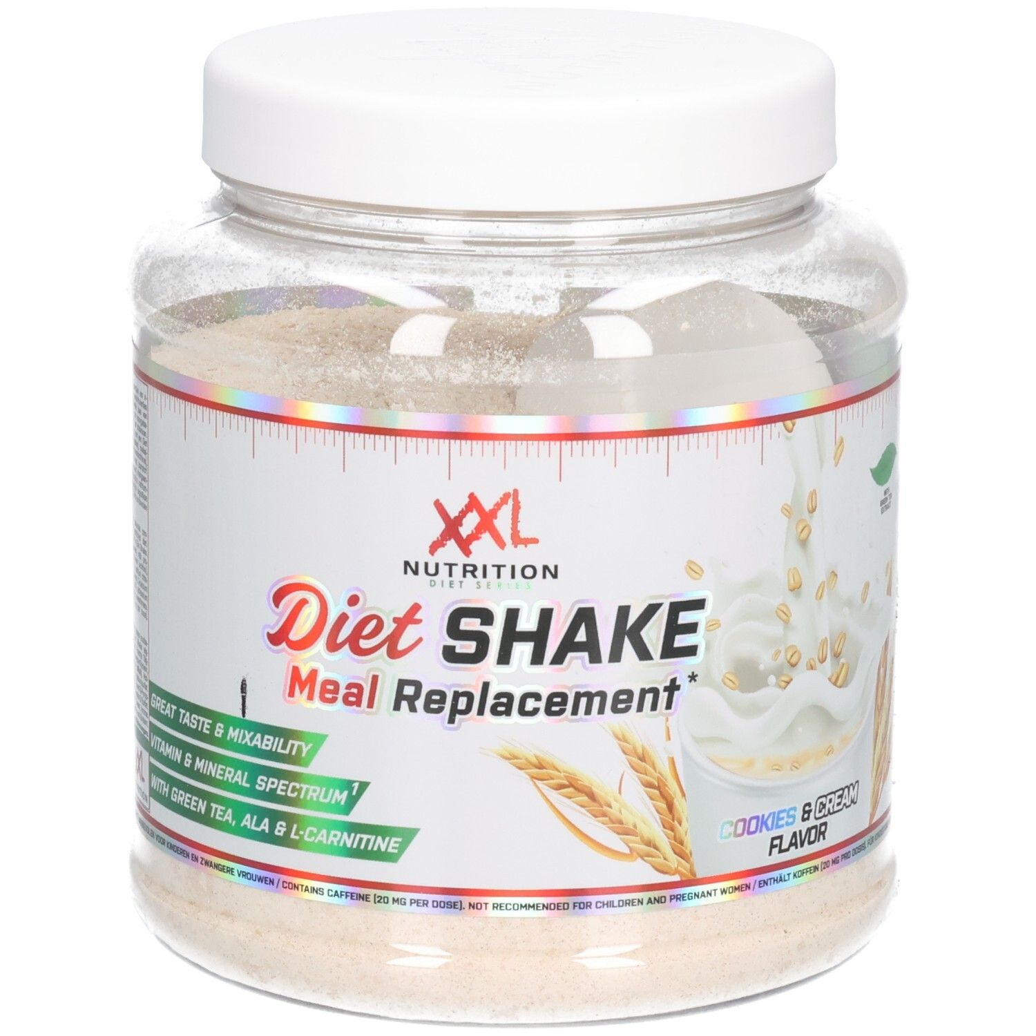 Transparante pot met witte deksel. Opschrift: XXL Nutrition, Diet Shake Meal Replacement, Cookies & Cream Flavor.