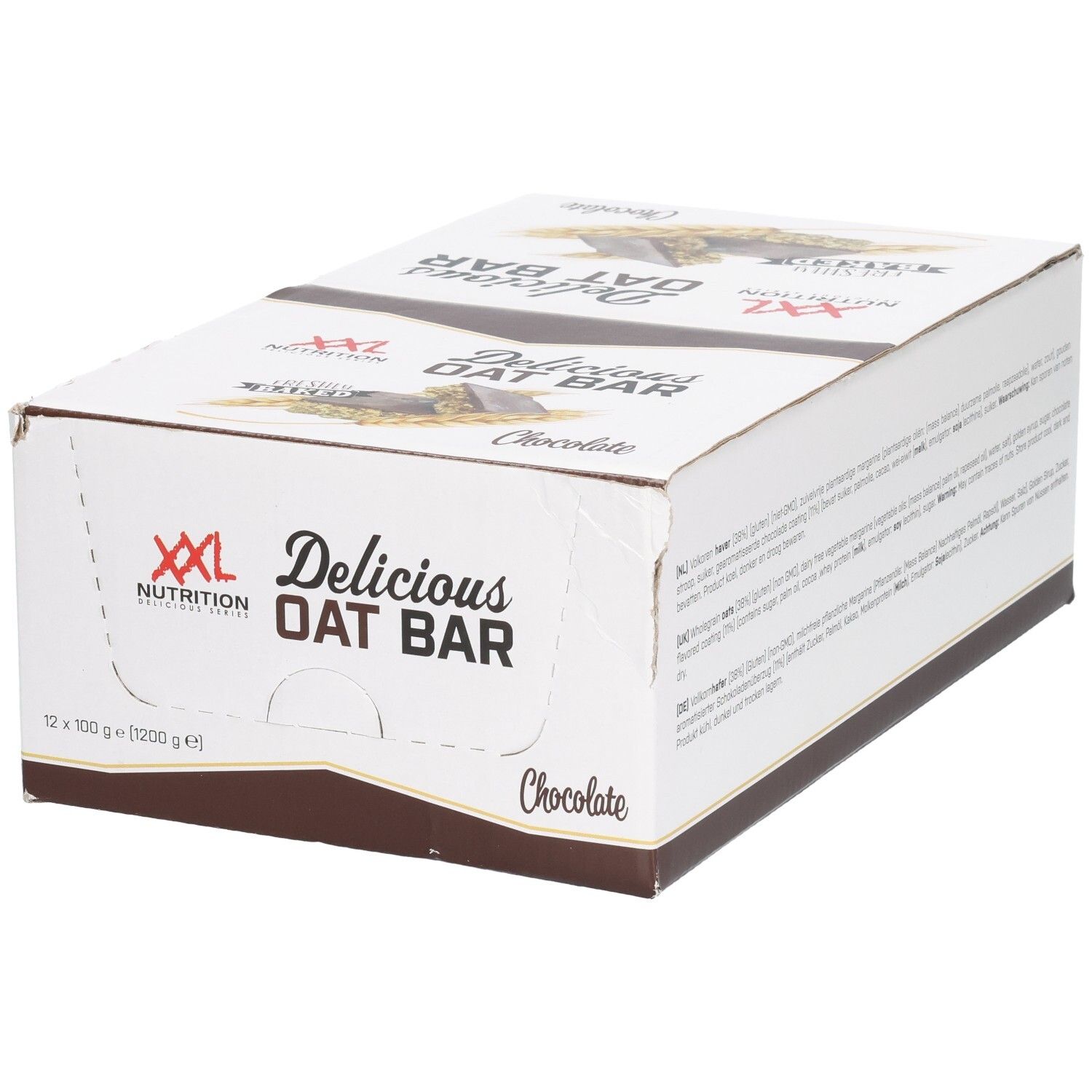 Kartonnen verpakking van XXL Nutrition Delicious Oat Bar Chocolat. 12 repen, 100g per reep. Witte en bruine verpakking.