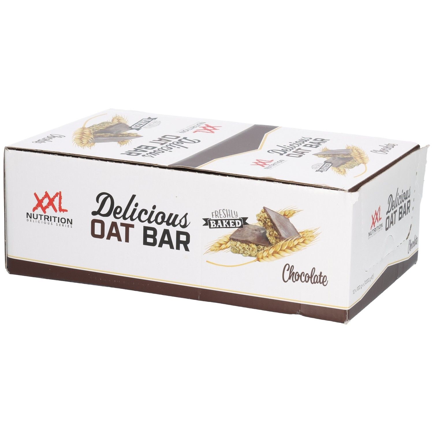 Kartonnen verpakking van XXL Nutrition Delicious Oat Bar Chocolat. Illustratie van haver en repen. Witte verpakking.