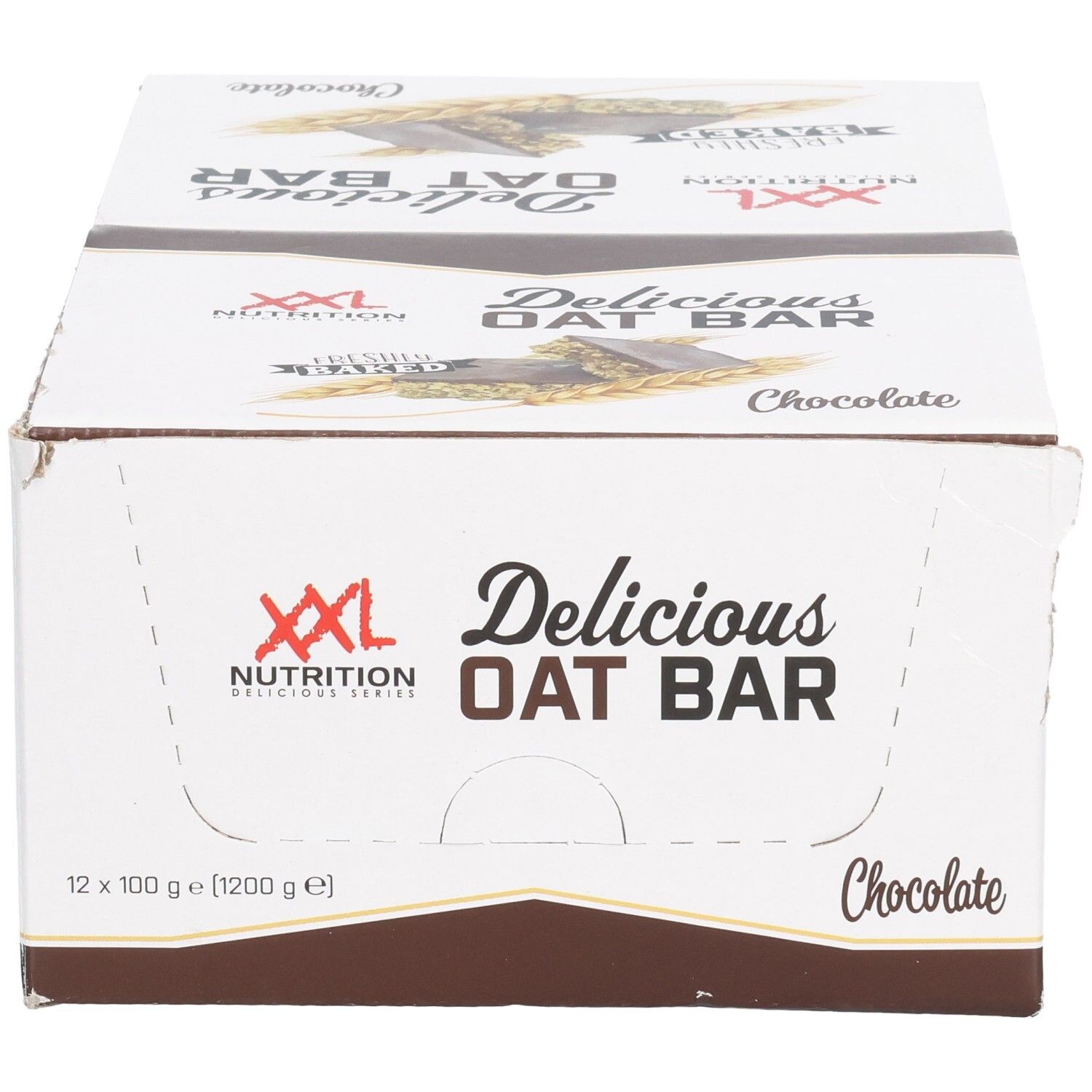 Kartonnen verpakking van XXL Nutrition Delicious Oat Bar Chocolat. 12 repen, 100g per reep. Witte en bruine verpakking.
