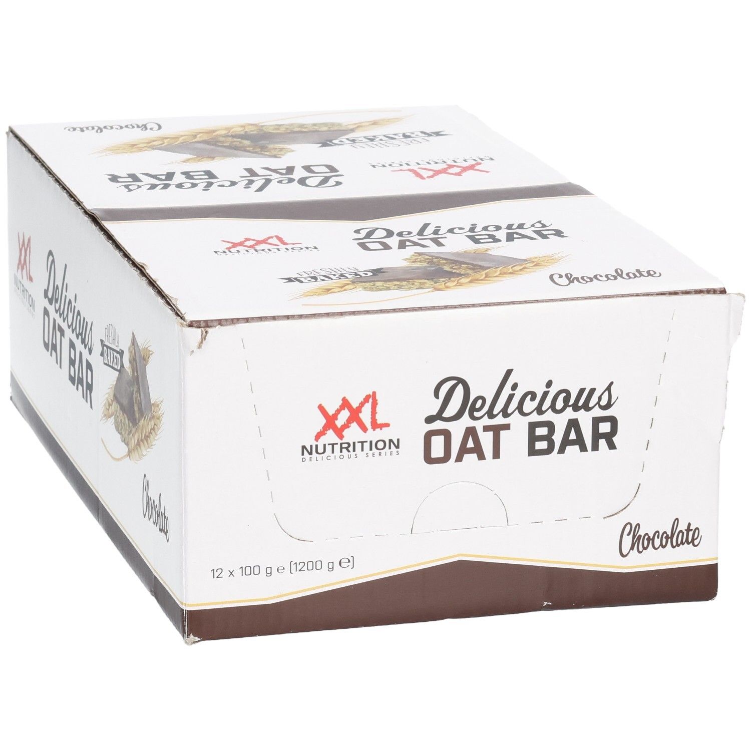 Kartonnen verpakking van XXL Nutrition Delicious Oat Bar Chocolat. 12 repen, 100g per reep. Witte en bruine verpakking.