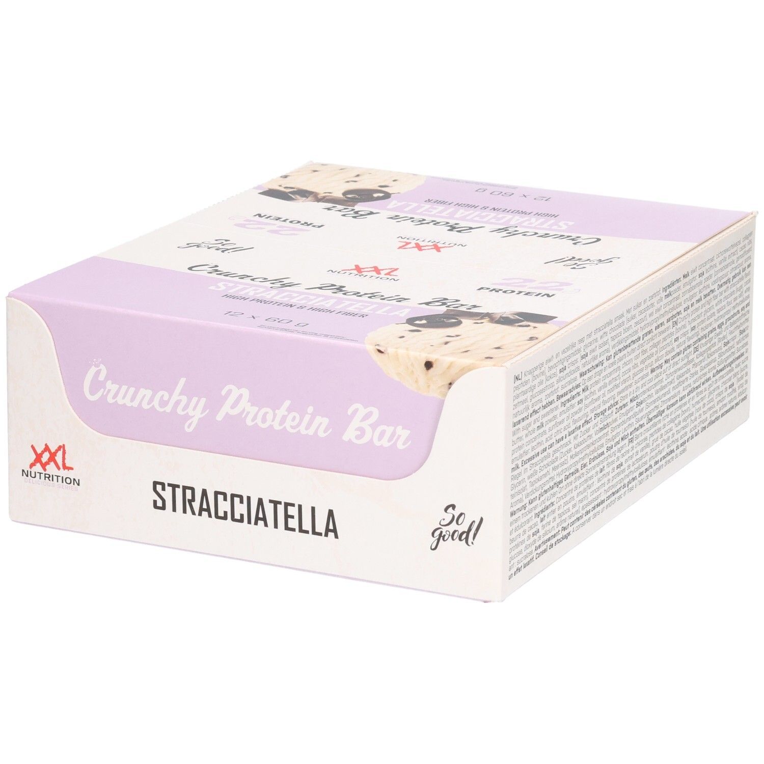 Verpakking van Crunchy Protein Bar Stracciatella. Merk XXL Nutrition. Witte en lila verpakking.