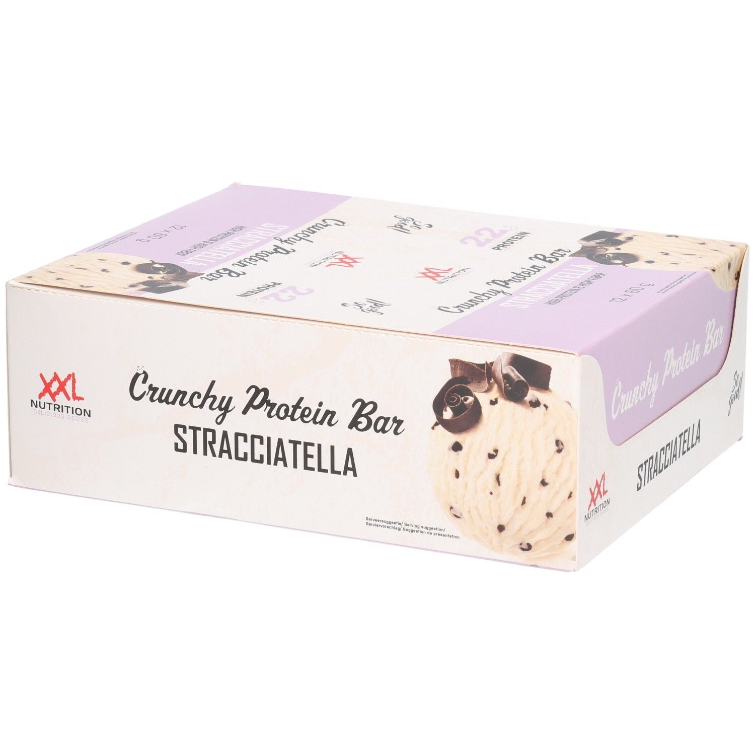 Verpakking van Crunchy Protein Bar Stracciatella. Merk XXL Nutrition. Productafbeelding. Witte en lila verpakking.