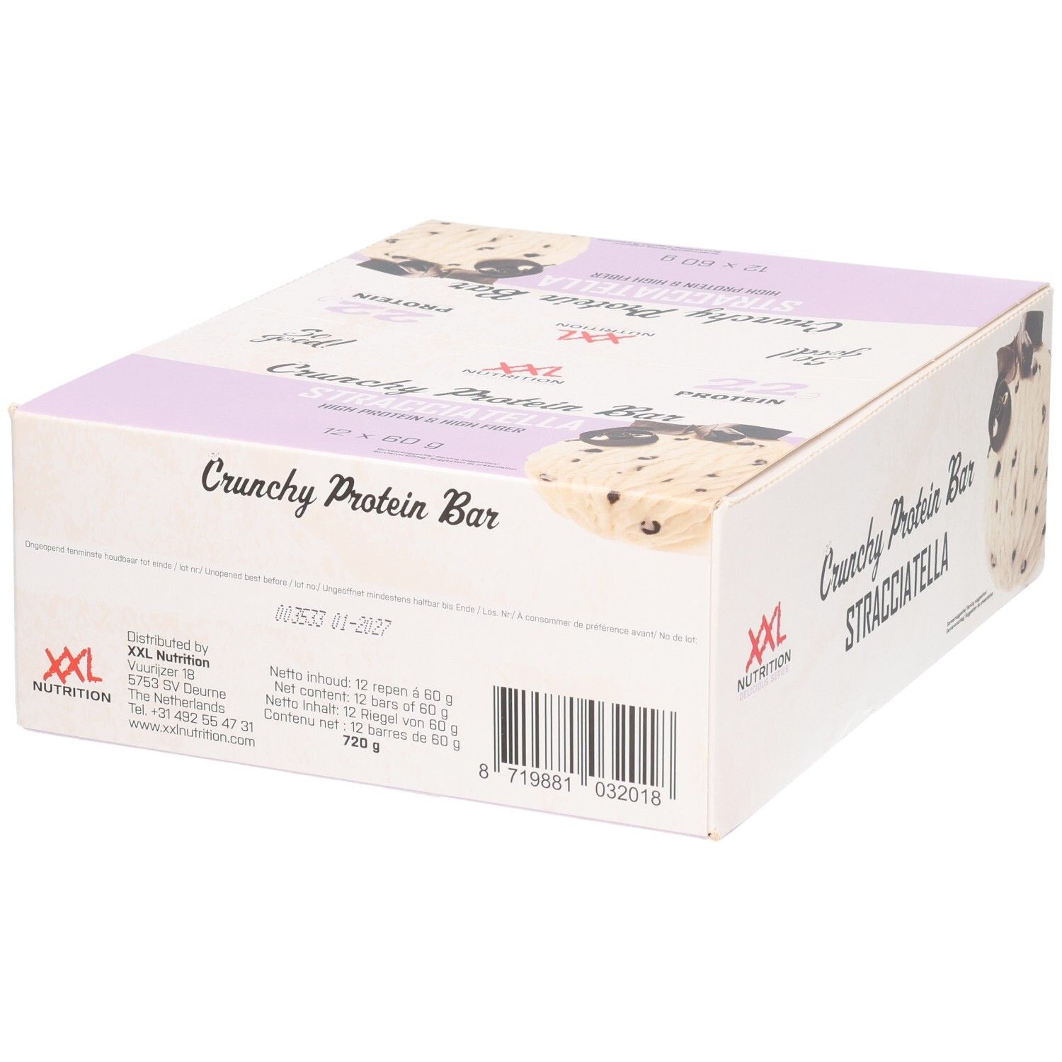Verpakking van Crunchy Protein Bar Stracciatella. Merk XXL Nutrition. Achterkant met voedingswaarde en barcode.