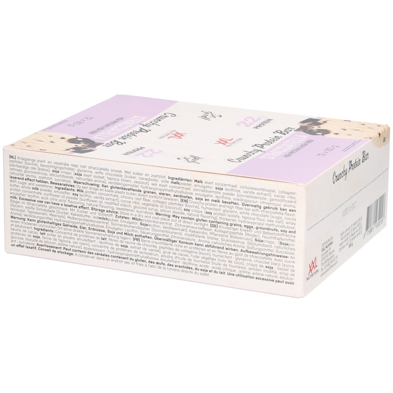 Verpakking van Crunchy Protein Bar Stracciatella. Merk XXL Nutrition. Achterkant met ingrediëntenlijst en waarschuwingen.