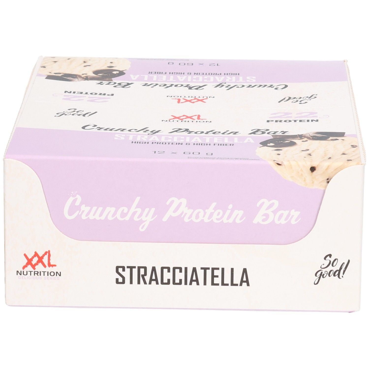 Verpakking van Crunchy Protein Bar Stracciatella. Merk XXL Nutrition. Witte en lila verpakking.