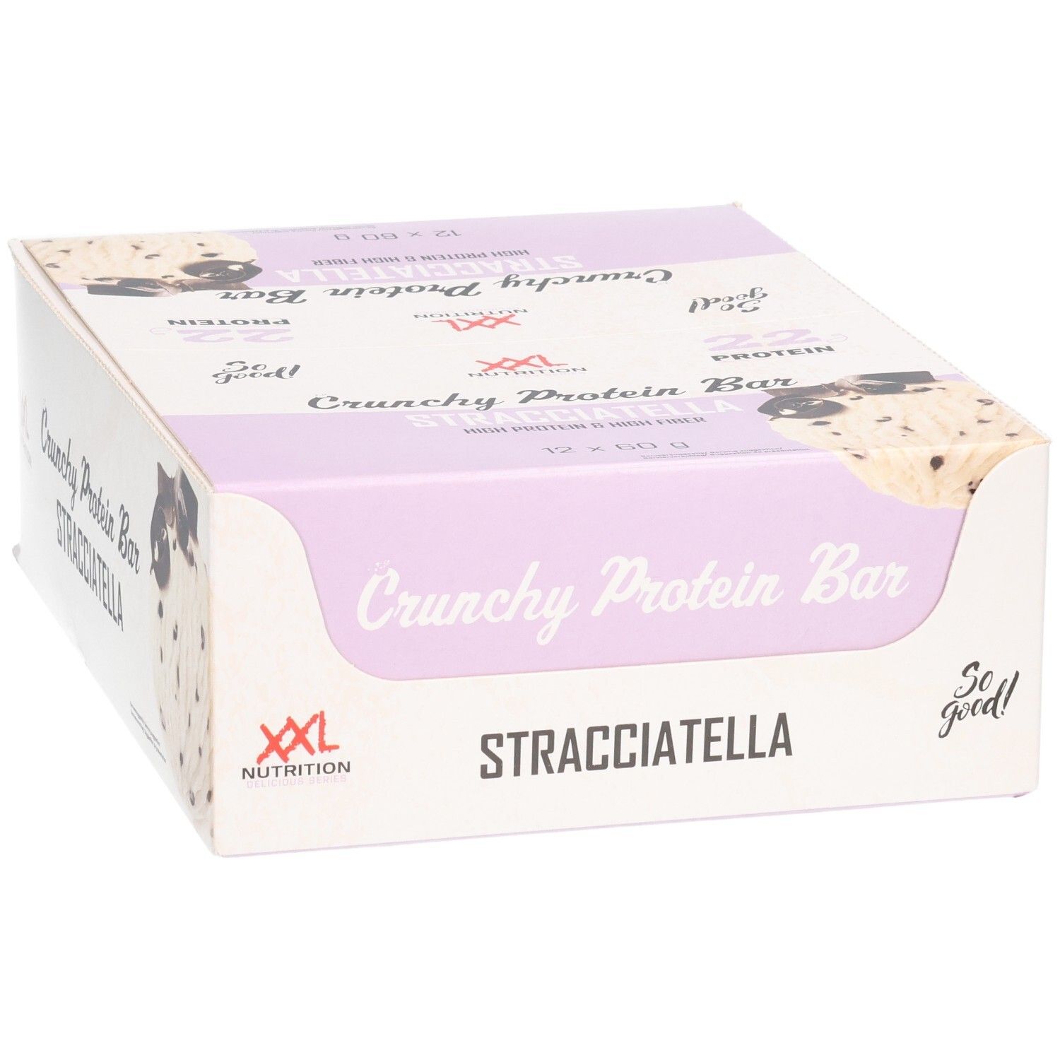 Verpakking van Crunchy Protein Bar Stracciatella. Merk XXL Nutrition. Witte en lila verpakking.