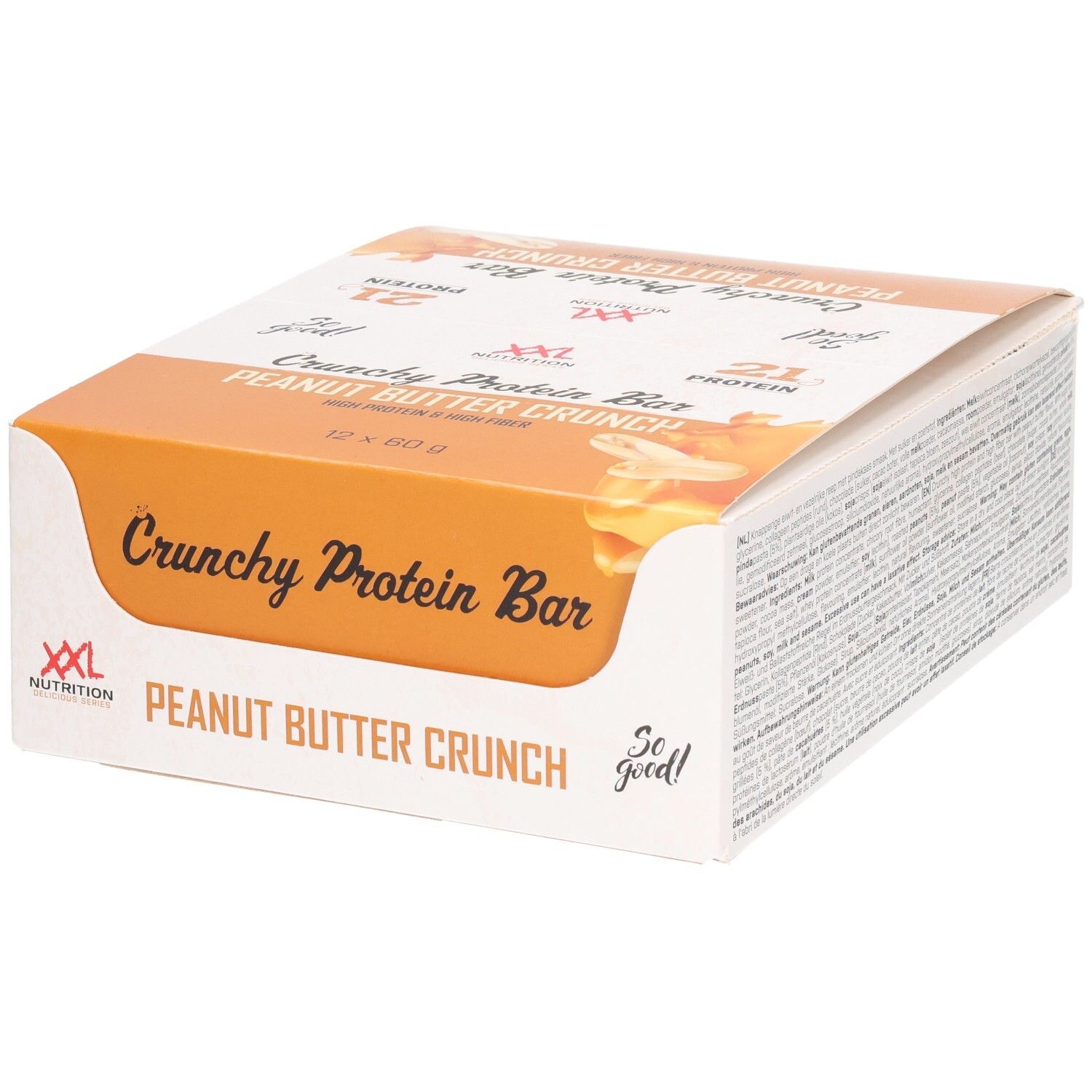 Verpakking Crunchy Protein Bar, Peanut Butter Crunch. Merk XXL Nutrition. 12 repen.