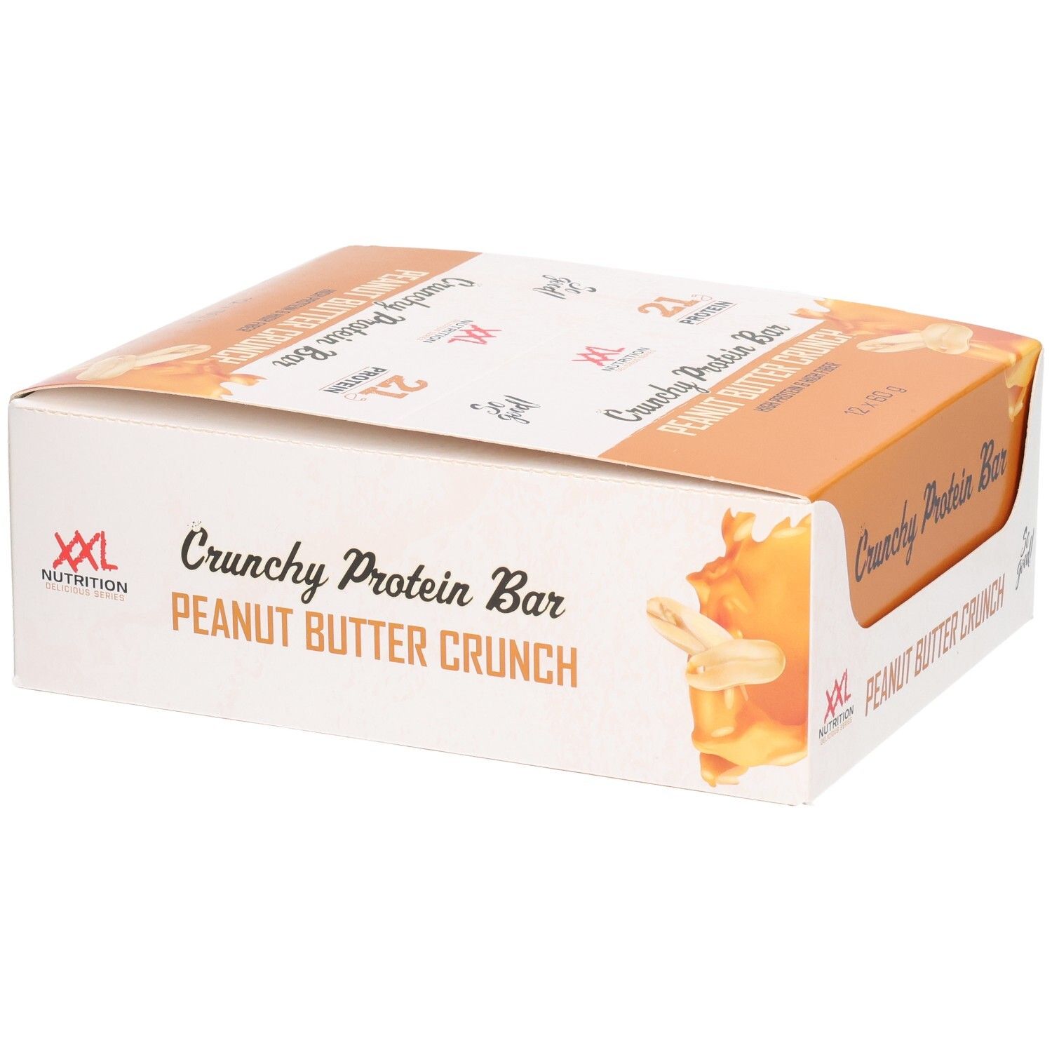 Verpakking Crunchy Protein Bar, Peanut Butter Crunch. Merk XXL Nutrition. 12 repen.