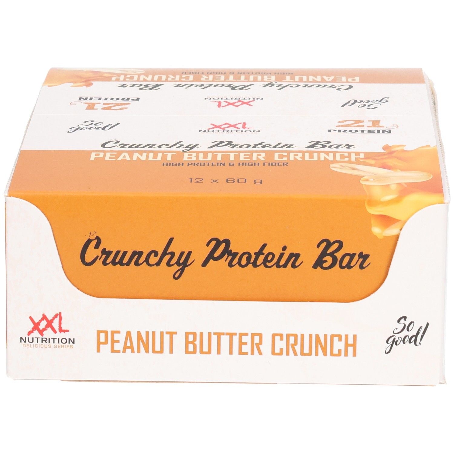 Verpakking Crunchy Protein Bar, Peanut Butter Crunch. Merk XXL Nutrition. 12 repen.