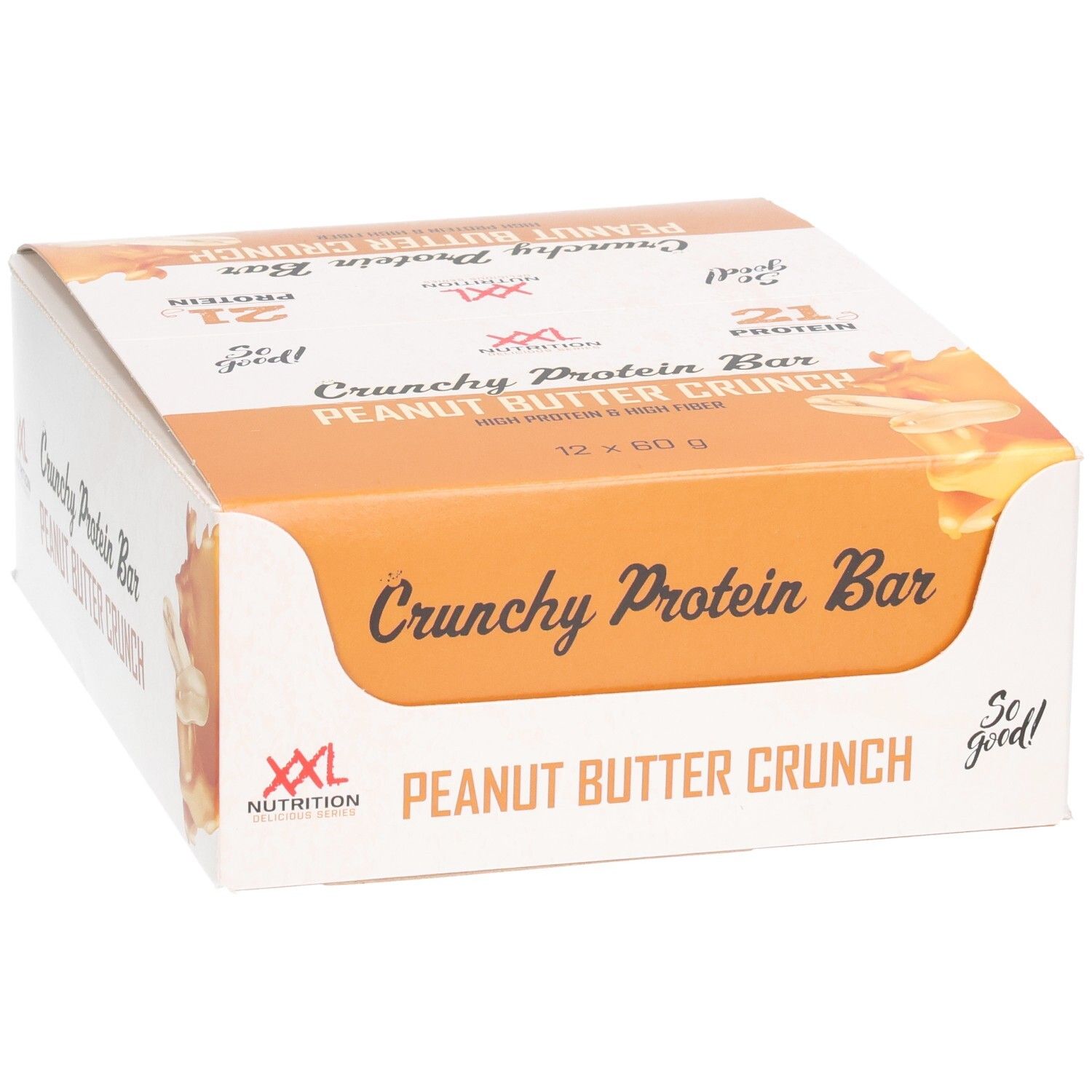 Verpakking Crunchy Protein Bar, Peanut Butter Crunch. Merk XXL Nutrition. 12 repen.