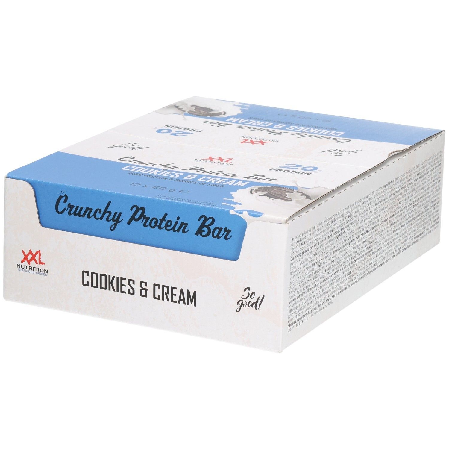 Boîte de Crunchy Protein Bar Cookies & Cream. Emballage blanc et bleu. Logo XXL Nutrition.