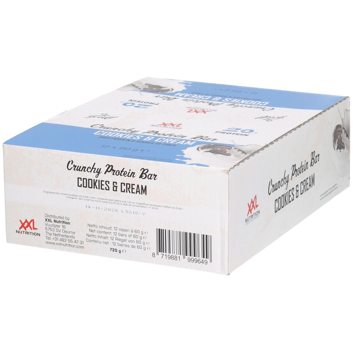 Boîte de Crunchy Protein Bar Cookies & Cream. Emballage blanc et bleu. Logo XXL Nutrition.