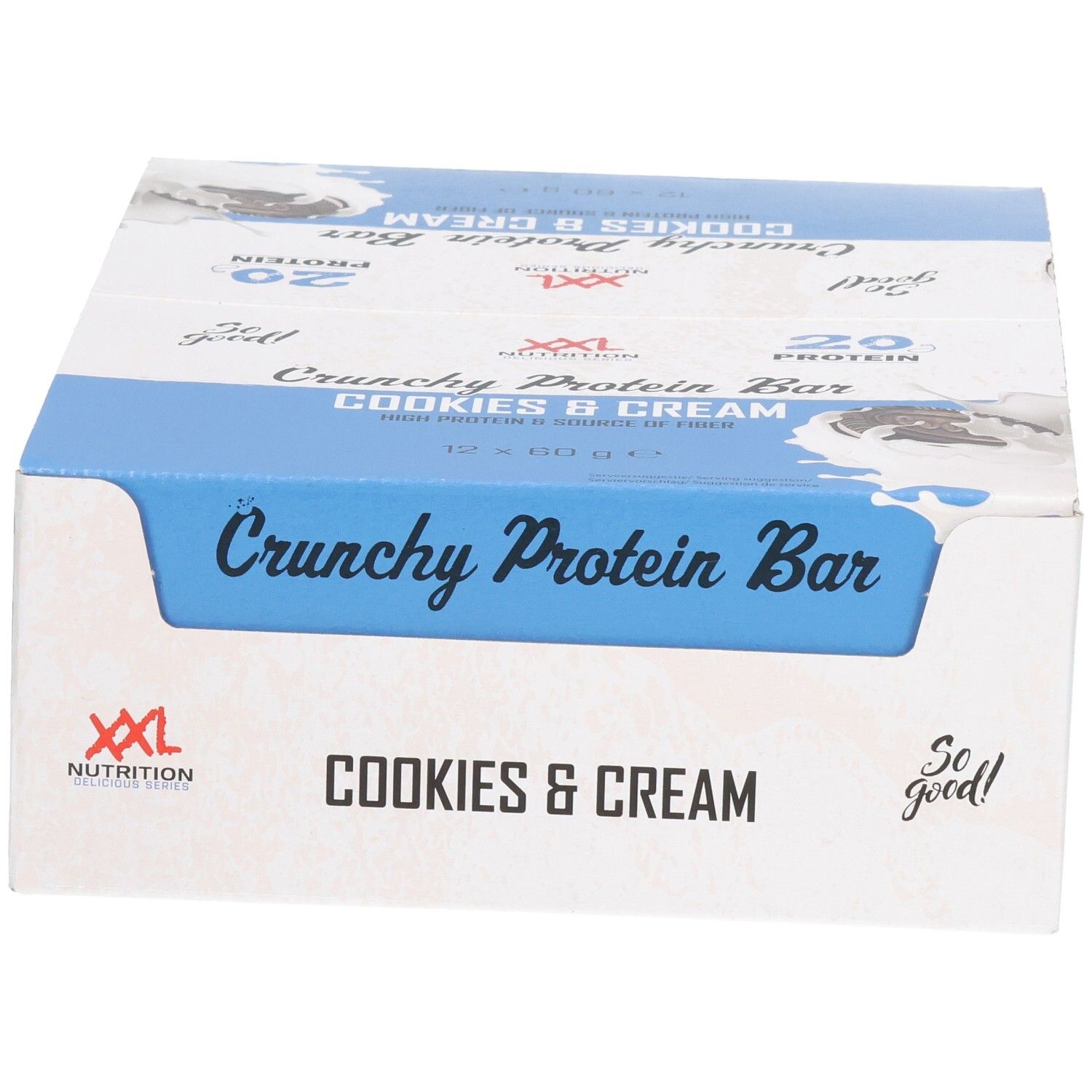 Boîte de Crunchy Protein Bar Cookies & Cream. Emballage blanc et bleu. Logo XXL Nutrition.