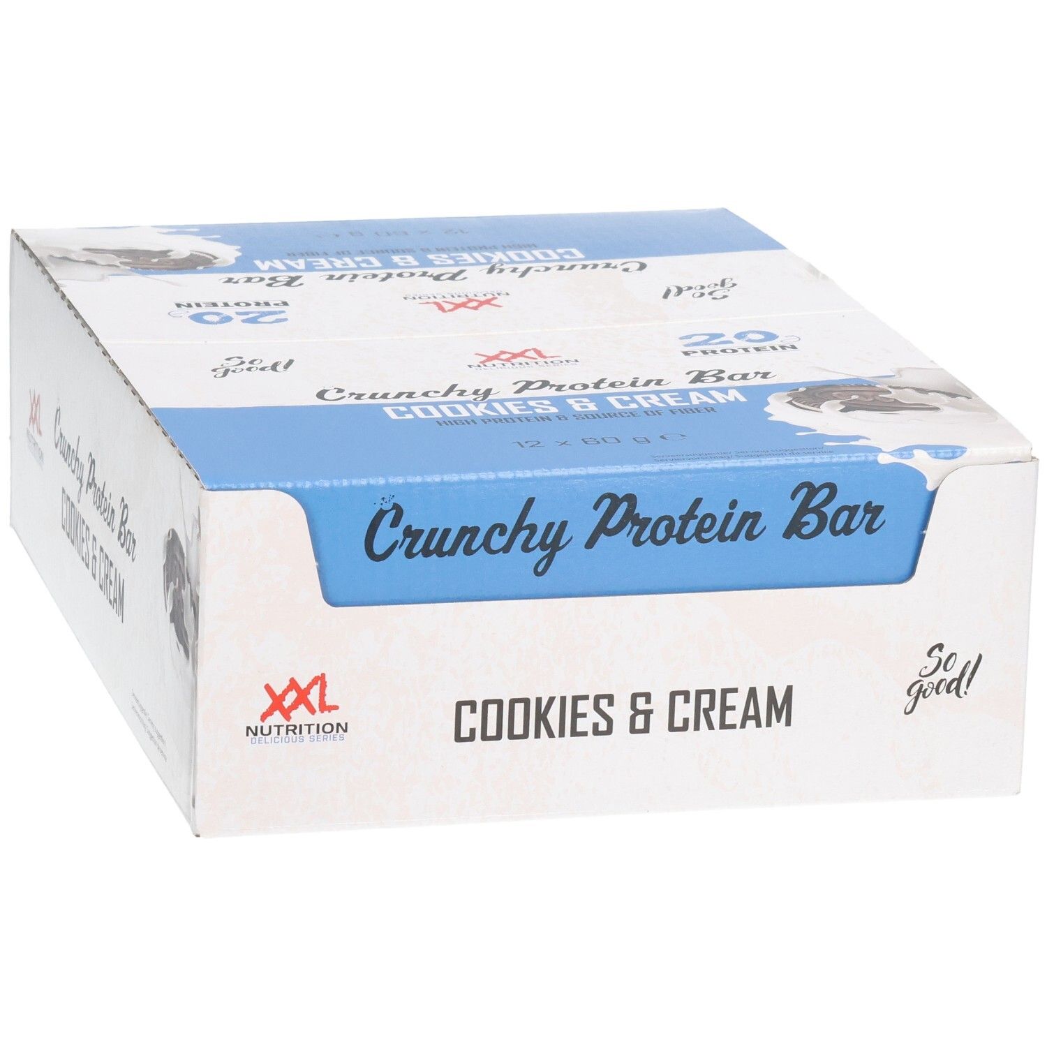 Boîte de Crunchy Protein Bar Cookies & Cream. Emballage blanc et bleu. Logo XXL Nutrition.