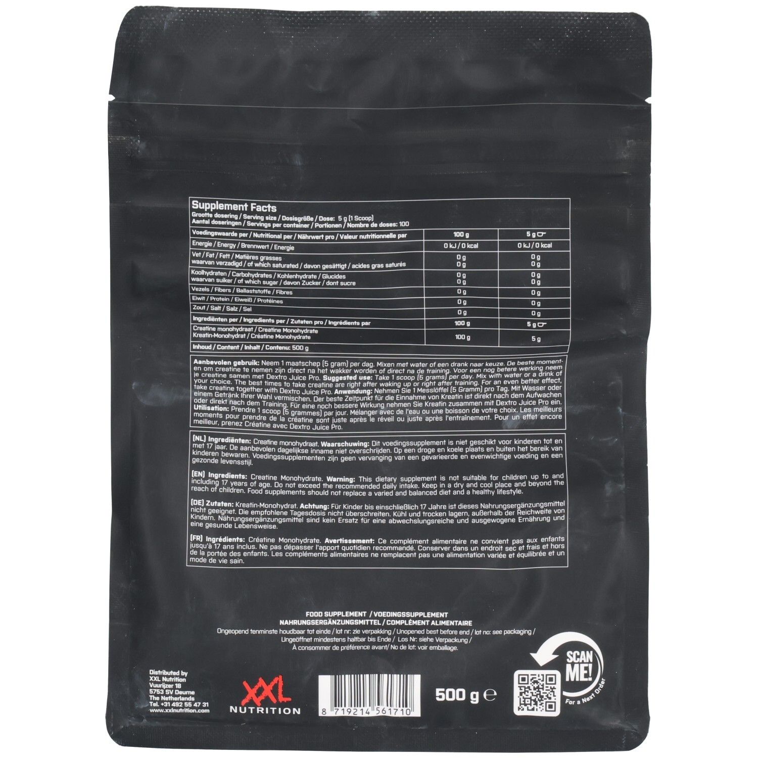 Achterkant van de zwarte verpakking. Bevat voedingswaarde-informatie en ingrediënten. Merk: XXL Nutrition. QR-code om te scannen.