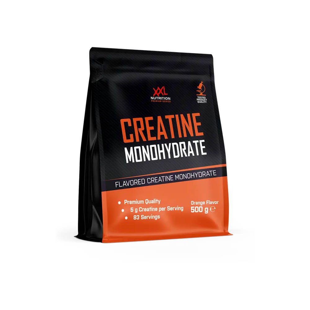 Sachet noir et orange. Inscription CREATINE MONOHYDRATE. Contient 500 g, 83 portions. Goût orange.