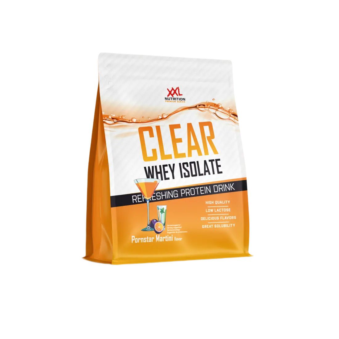 Zak met tekst "CLEAR WHEY ISOLATE". Smaak "Pornstar Martini". Merk "XXL Nutrition".