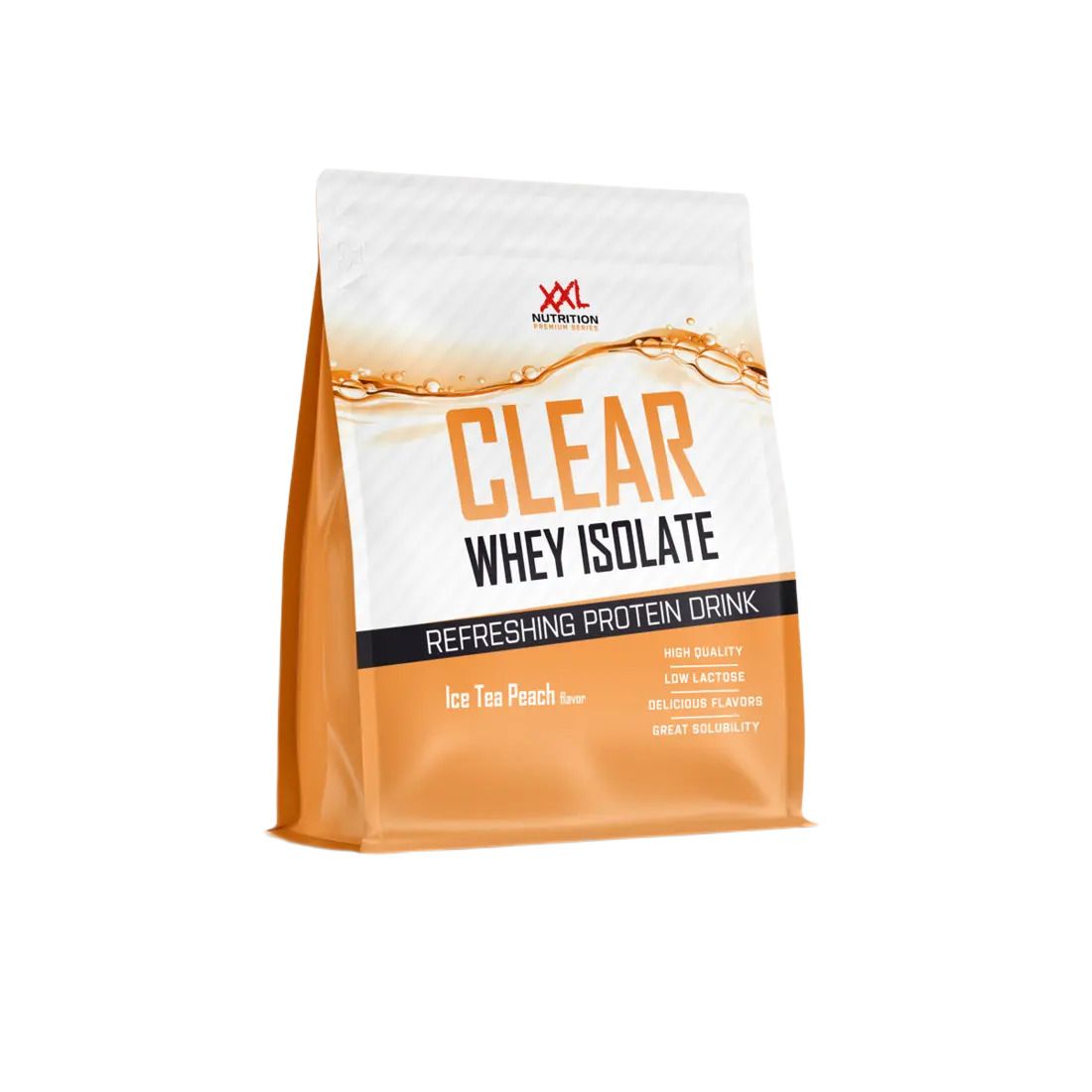 Zak "XXL Nutrition". "Clear Whey Isolate", smaak Ice Tea Peach. Tekst "Refreshing Protein Drink".