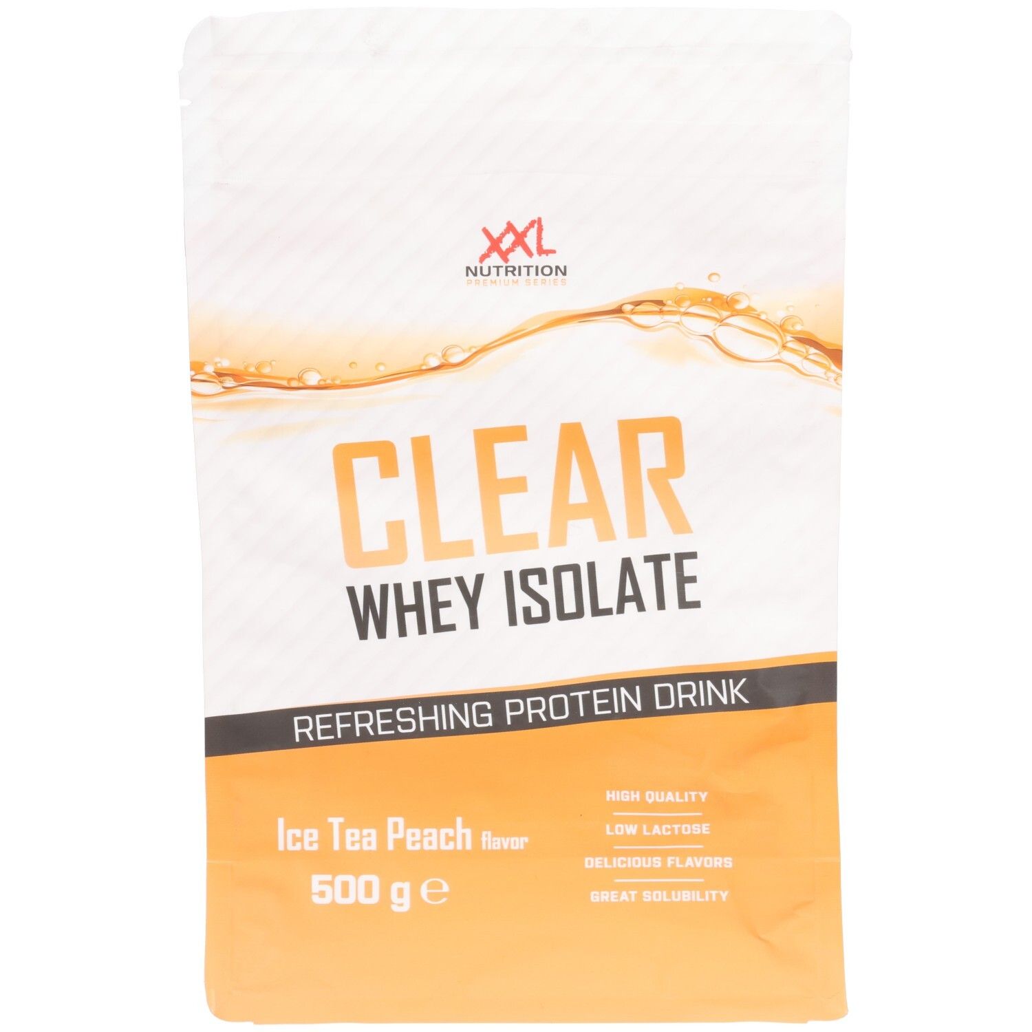 Zak "XXL Nutrition". "Clear Whey Isolate", smaak Ice Tea Peach. Tekst "Refreshing Protein Drink". 500g.