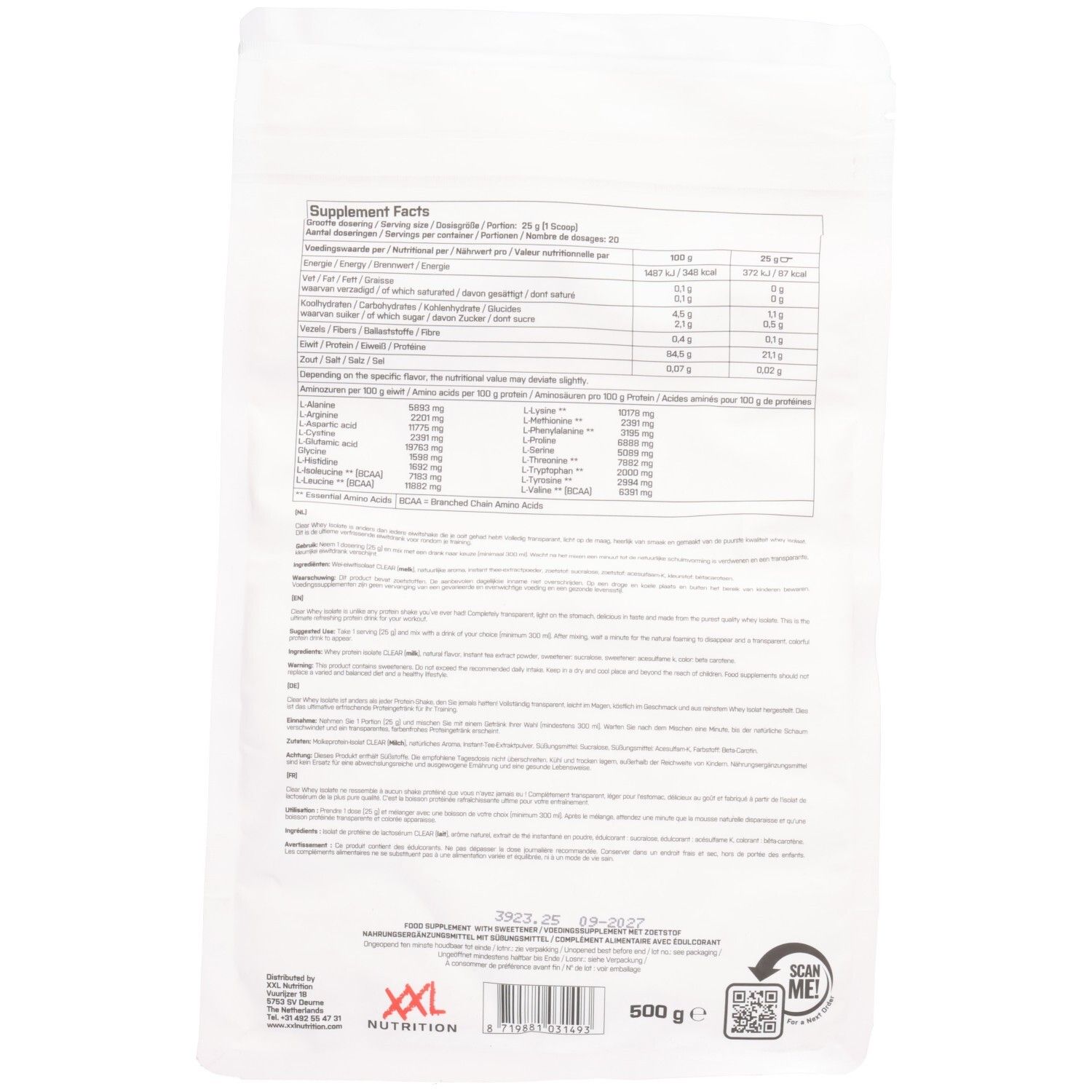 Achterkant verpakking. Bevat voedingswaarde en ingrediëntenlijst. Merk: XXL Nutrition. Gewicht: 600g.