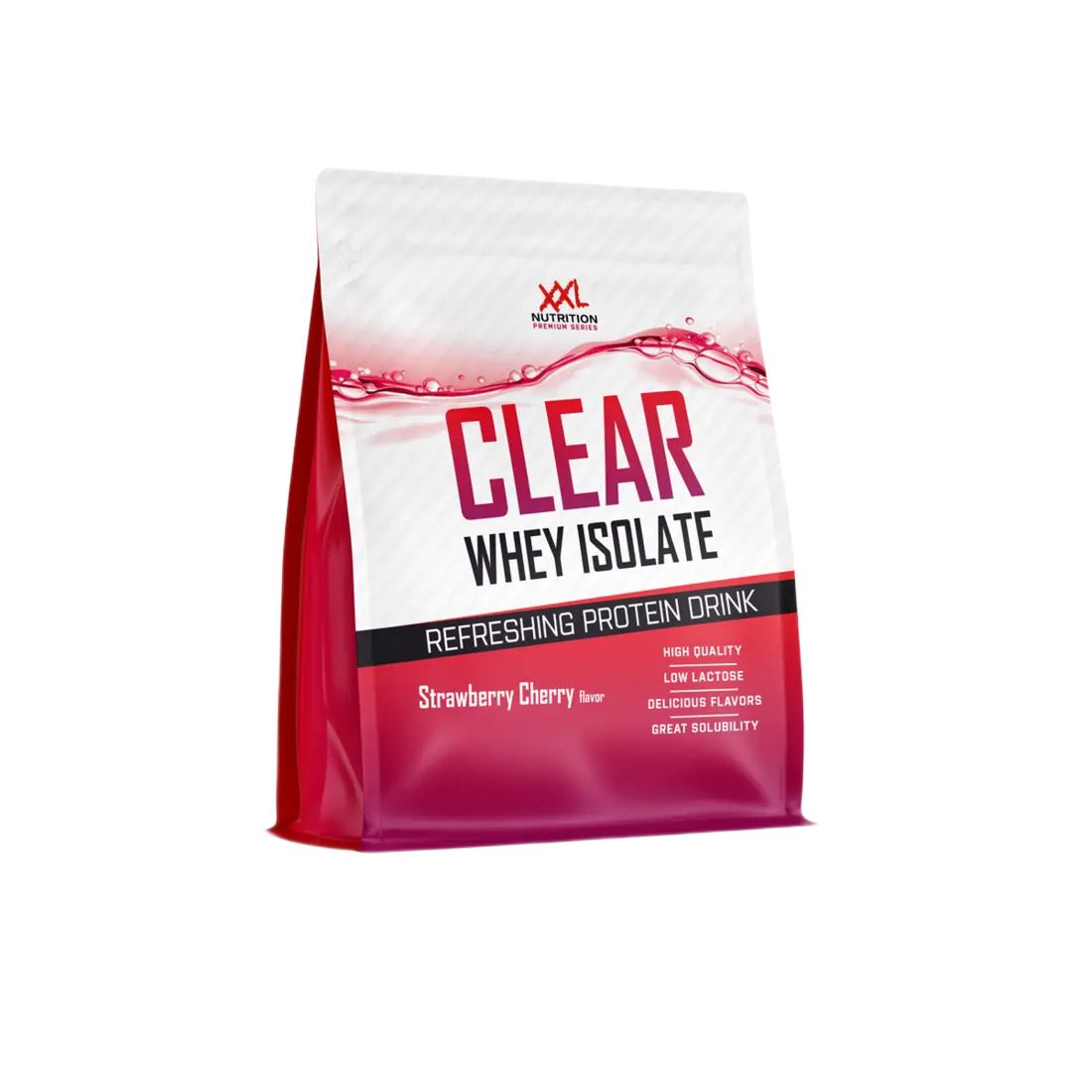Rode en witte zak met tekst Clear Whey Isolate. Bevat Strawberry Cherry Flavor. Opschrift: Refreshing Protein Drink.