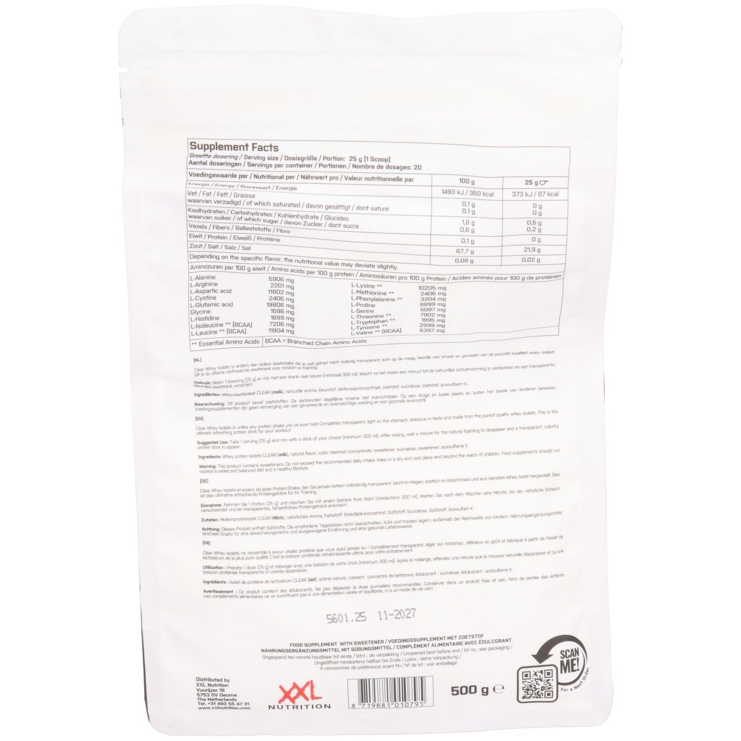 Dos d'un sachet avec informations nutritionnelles. Contient des informations sur les protéines, les graisses, les glucides et les acides aminés.