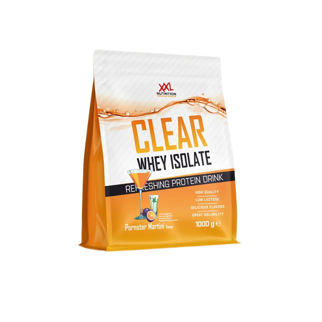 Zak Clear Whey Isolate. Opschrift: Clear Whey Isolate, Pornstar Martini, 1000 g. Logo en tekst.