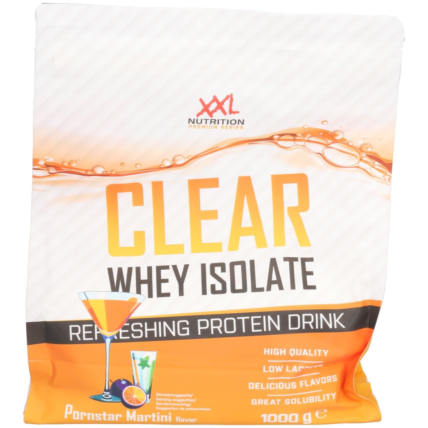 Sachet de Clear Whey Isolate XXL Nutrition. Inscription: Clear Whey Isolate, Pornstar Martini, 1000 g. Logo et texte.