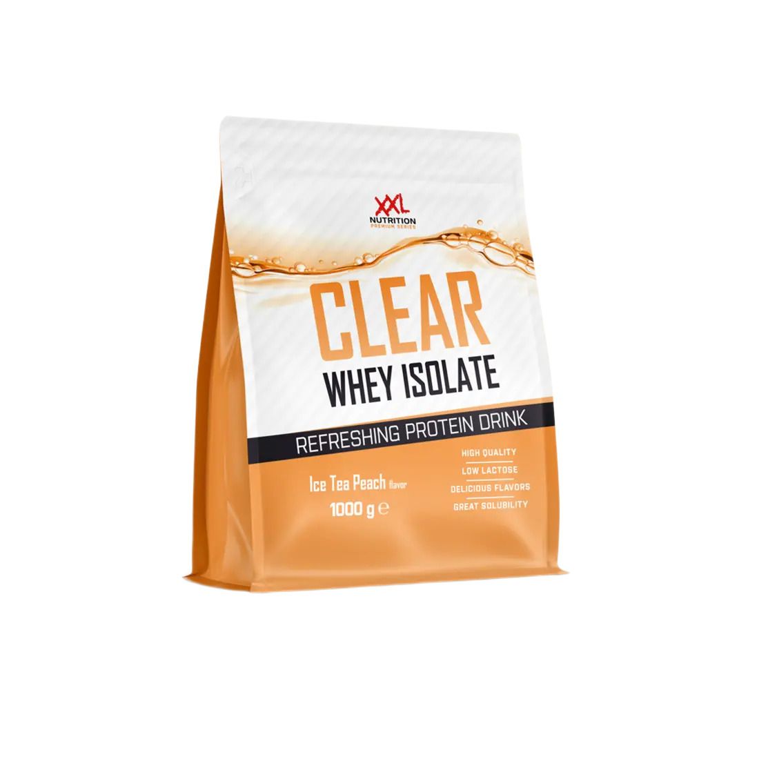 Sachet de Clear Whey Isolate XXL Nutrition. Inscription: Clear Whey Isolate, Ice Tea Peach, 1000 g. Fond orange.